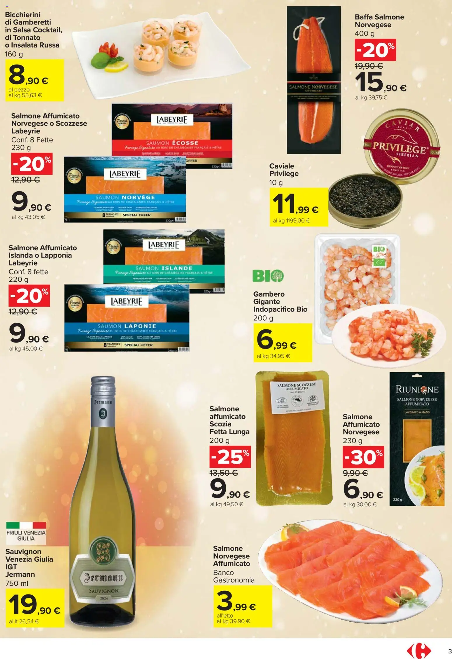 Volantino Carrefour del 27.11.2025 | Pagina: 3 | Prodotti: Salmone affumicato, Salsa, Insalata russa, Gamberetti