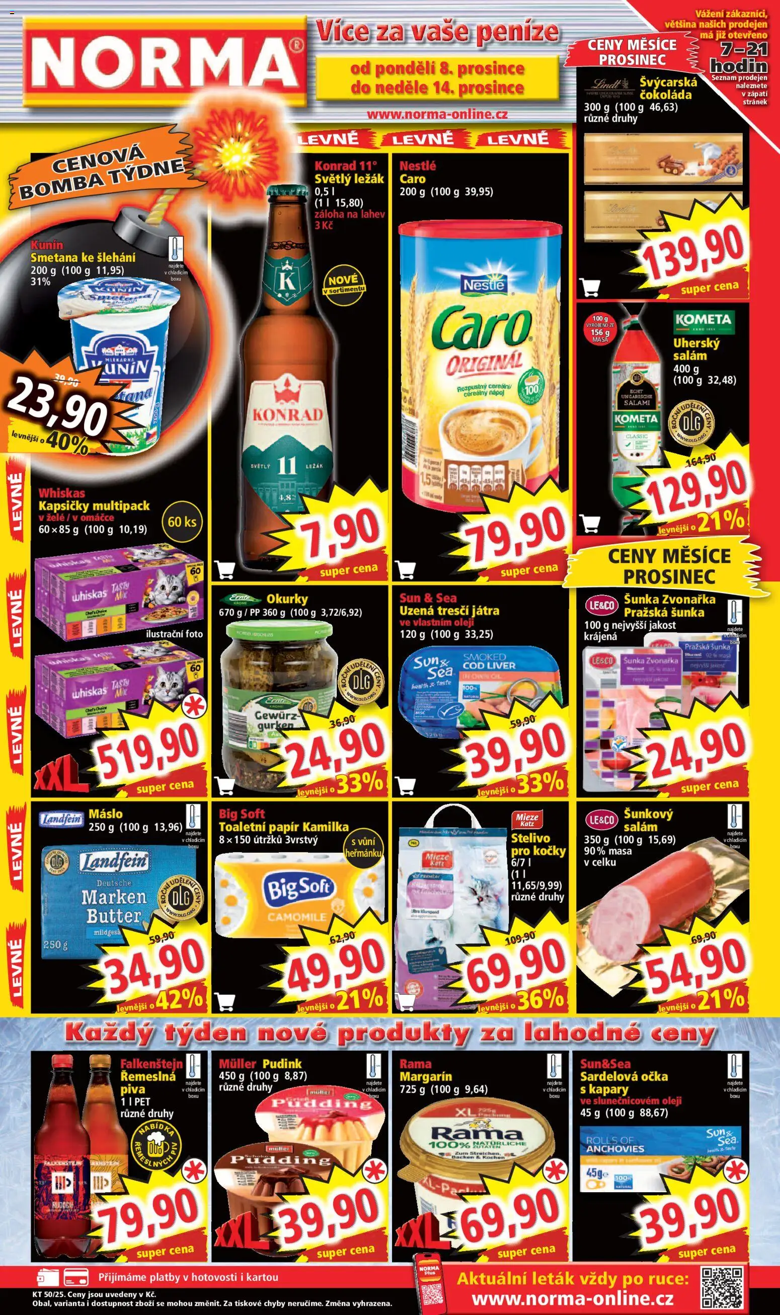 Norma leták od 08.12.2025 | Strana: 1 | Produkty: Smetana, Pražská šunka, Rama, Stelivo