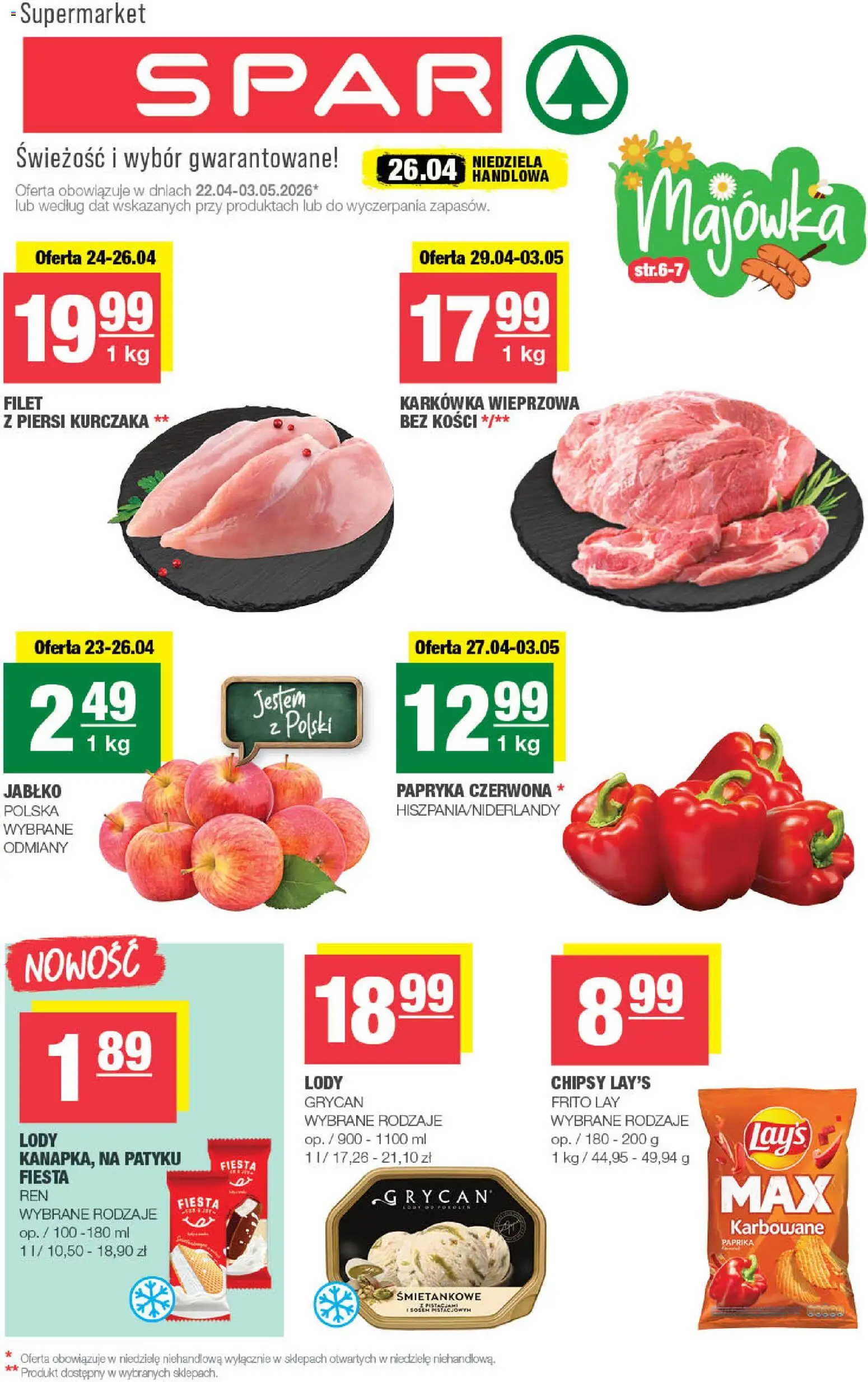 Spar gazetka od 22.04.2026 | Strona: 1 | Produkty: Chipsy, Karkówka, Piersi, Papryka czerwona