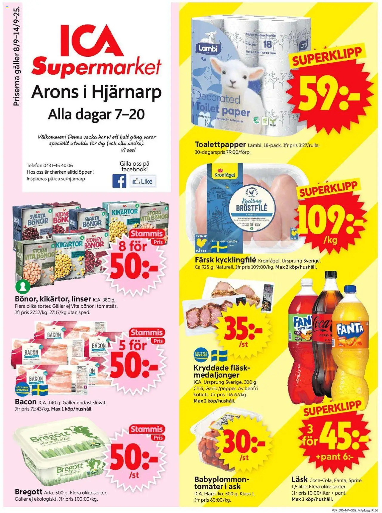 ICA Supermarket reklamblad aktuell från 08.09.2025 | Sida: 1 | Produkter: Kikärtor, Kycklingfile, Tomater, Bönor