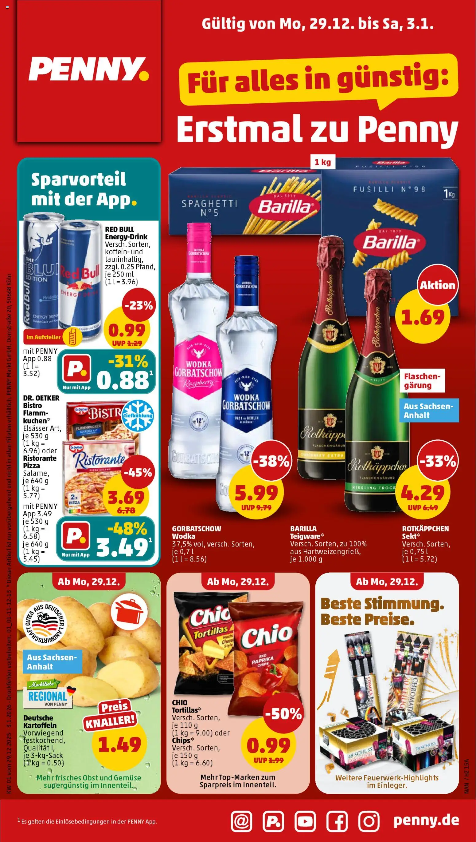 Penny Prospekt 	 – gültig ab 29.12.2025 | Seite: 1 | Produkte: Red bull, Obst, Pizza, Chips