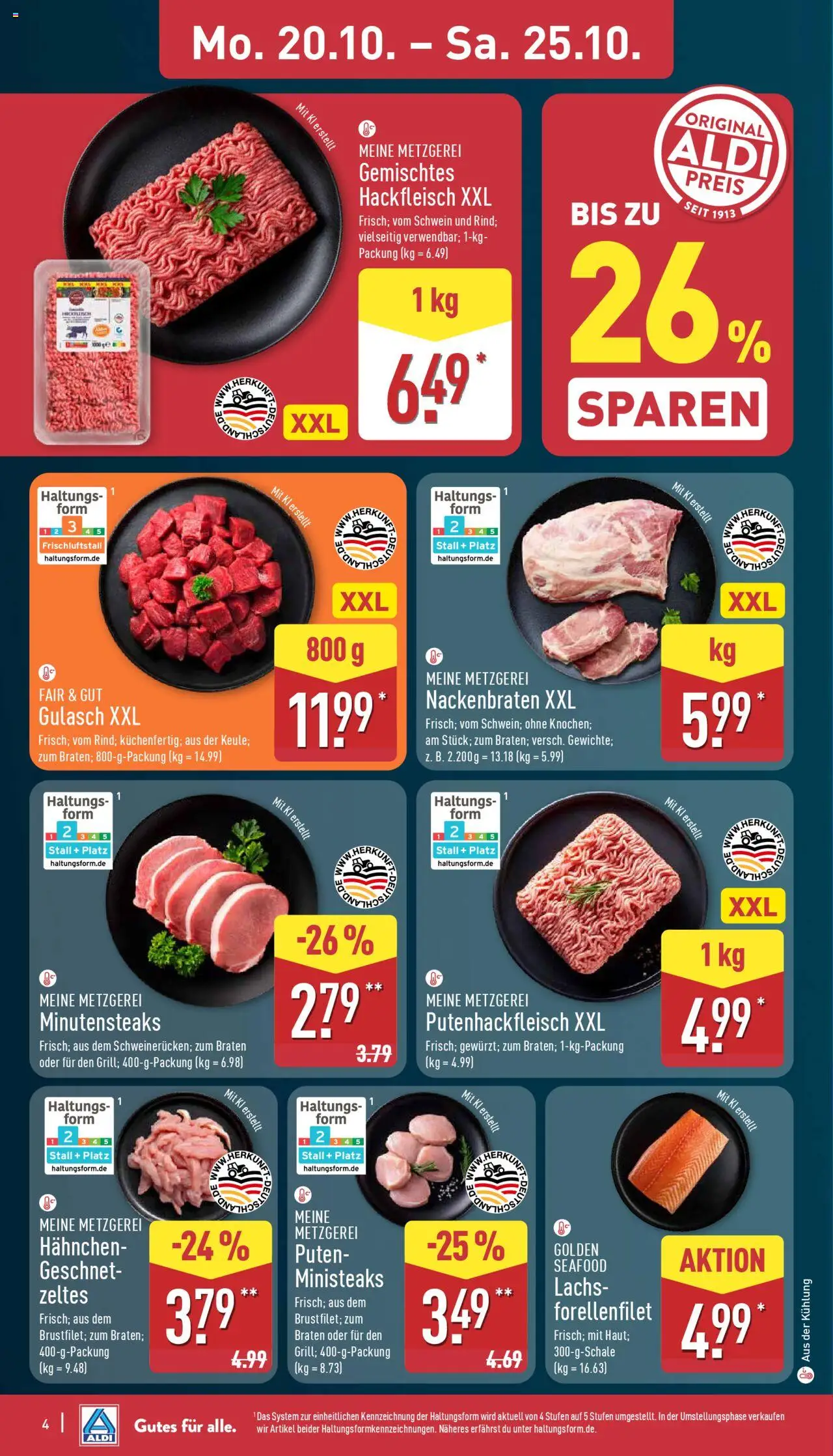 Aldi Prospekt 	 – gültig ab 20.10.2025 | Seite: 4 | Produkte: Hahnchen, Lachs, Gulasch, Hackfleisch