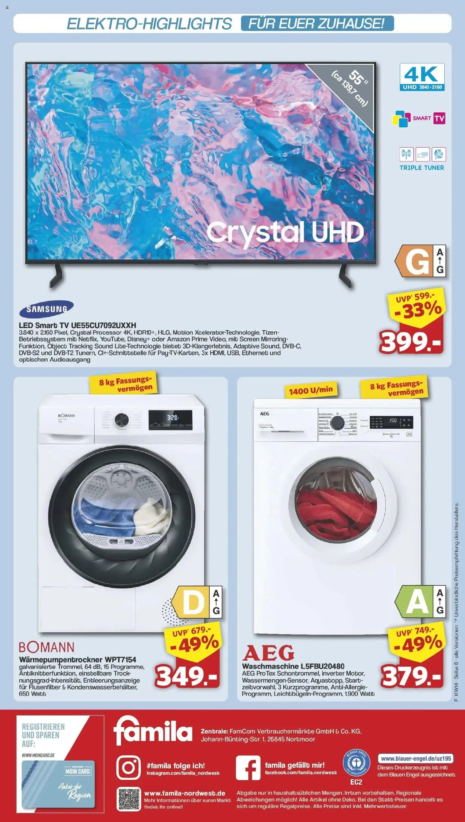 Famila Nordwest Einleger – gültig ab 30.03.2026 | Seite: 8 | Produkte: AEG, Waschmaschine, Smart TV, TV