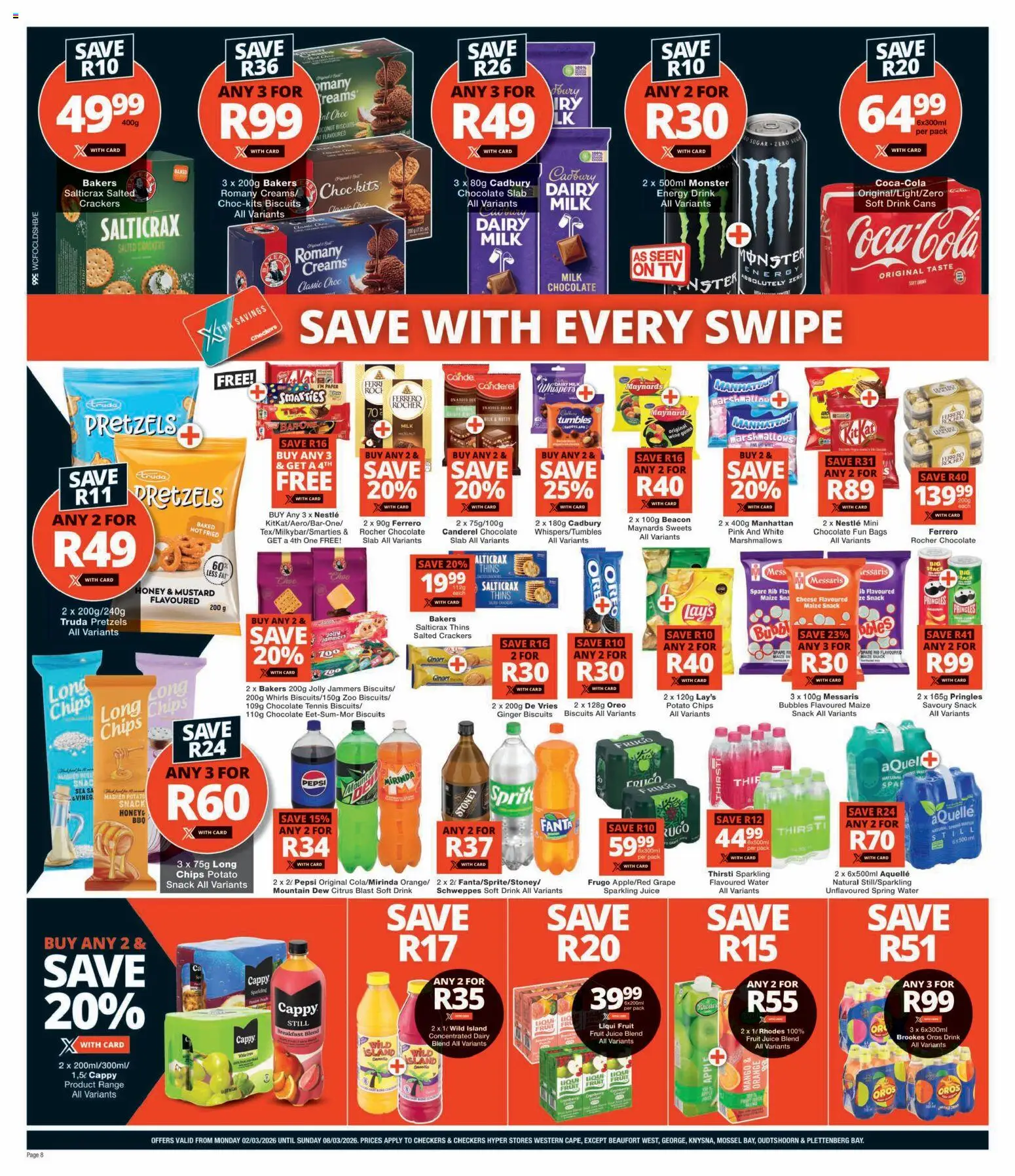 New Checkers catalogue – valid from 02.03.2026 | Page: 8 | Products: Biscuits, Chocolate, Mustard, Chips