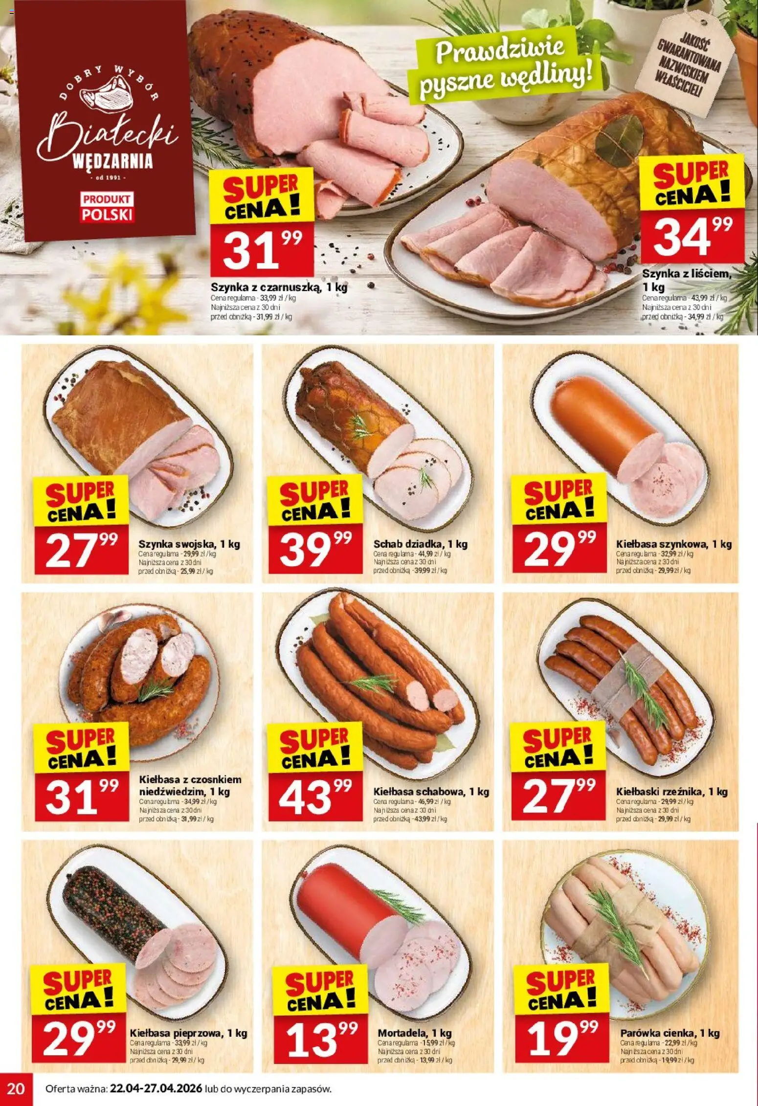 Twój Market gazetka od 22.04.2026 | Strona: 20 | Produkty: Kiełbasa, Schab, Kiełbaski, Wędliny