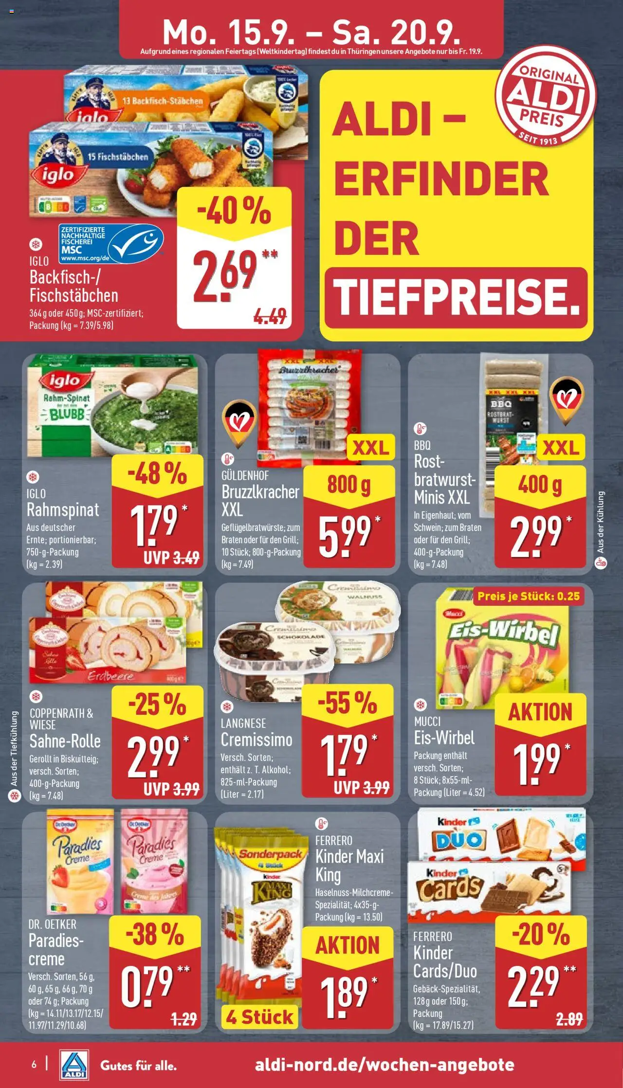 Aldi Prospekt 	 – gültig ab 15.09.2025 | Seite: 6 | Produkte: Langnese, Bratwurst, Fischstabchen, Wurst