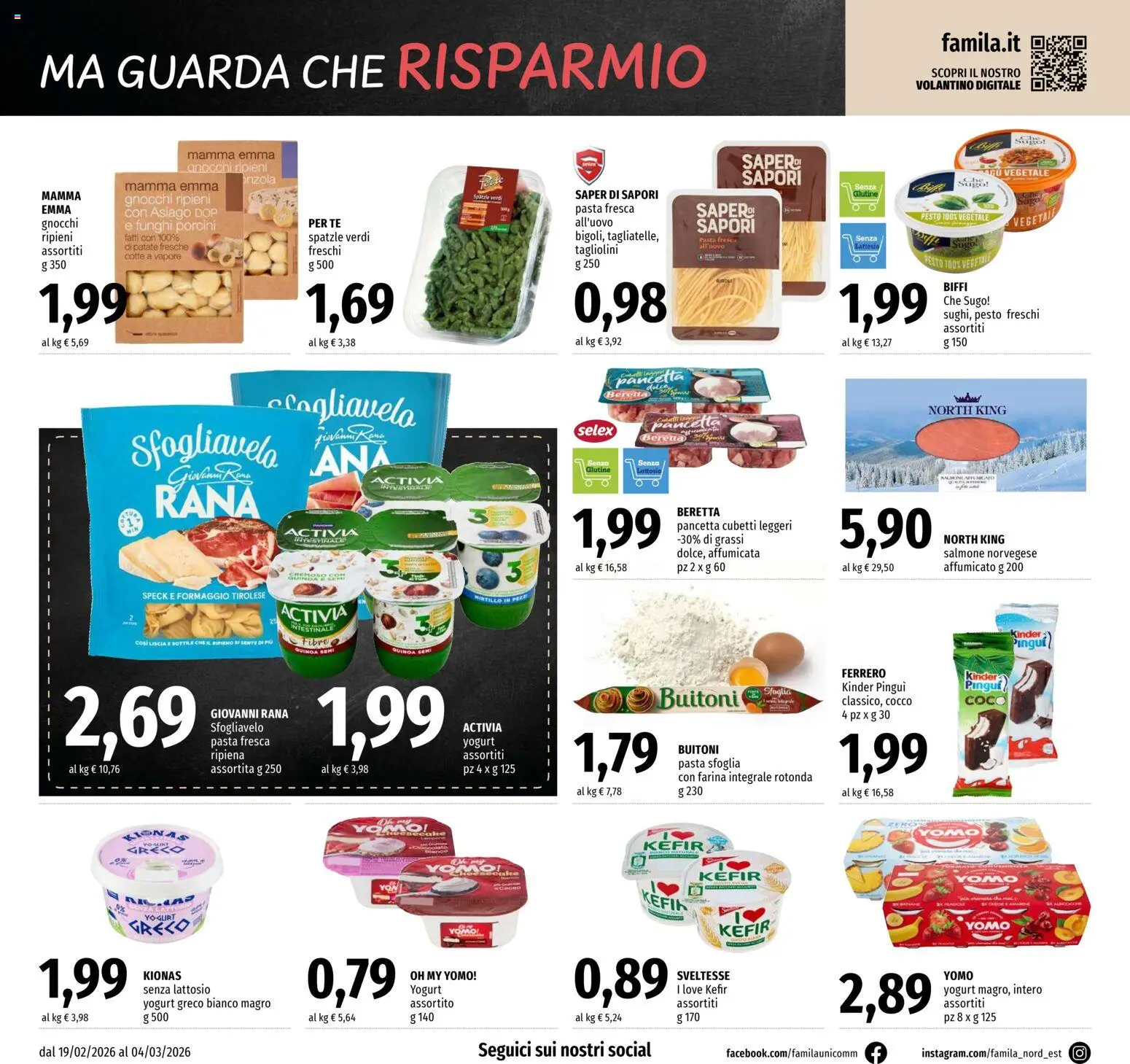 Volantino Famila del 19.02.2026 | Pagina: 8 | Prodotti: Speck, Spatzle, Yogurt, Pasta