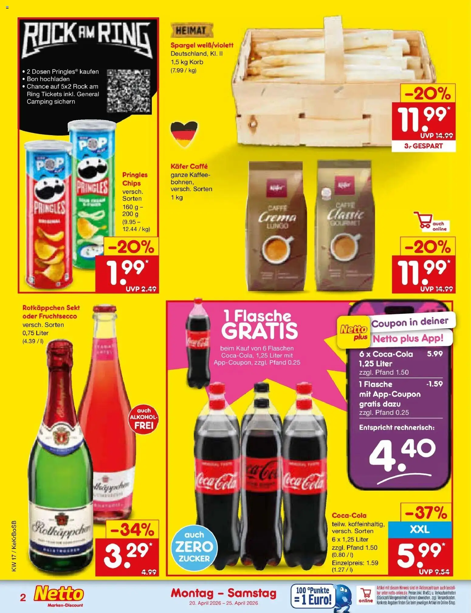 Netto Marken-Discount Prospekt Bonn	 – gültig ab 20.04.2026 | Seite: 2 | Produkte: Kaffee, Fruchtsecco, Rotkäppchen, Pringles