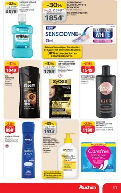 Auchan Akciós újság - amely érvényes a következő dátumtól: 08.01.2026 | Oldal: 31 | Termékek: Tisztasági betét, Tusfürdő, Dezodor, Szájvíz