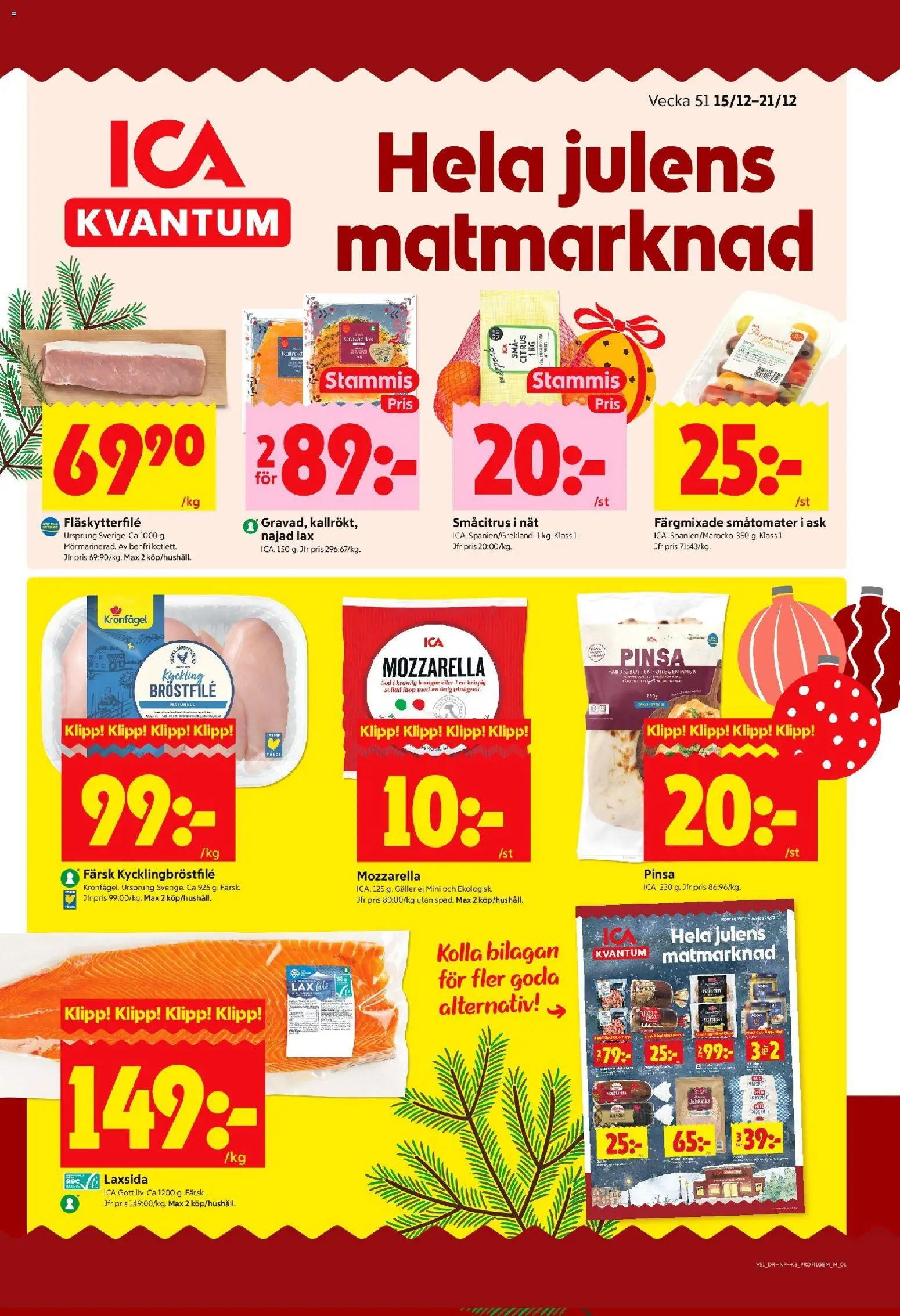 ICA Kvantum reklamblad aktuell från 15.12.2025 | Sida: 1 | Produkter: Galler, Fläskytterfilé, Lax