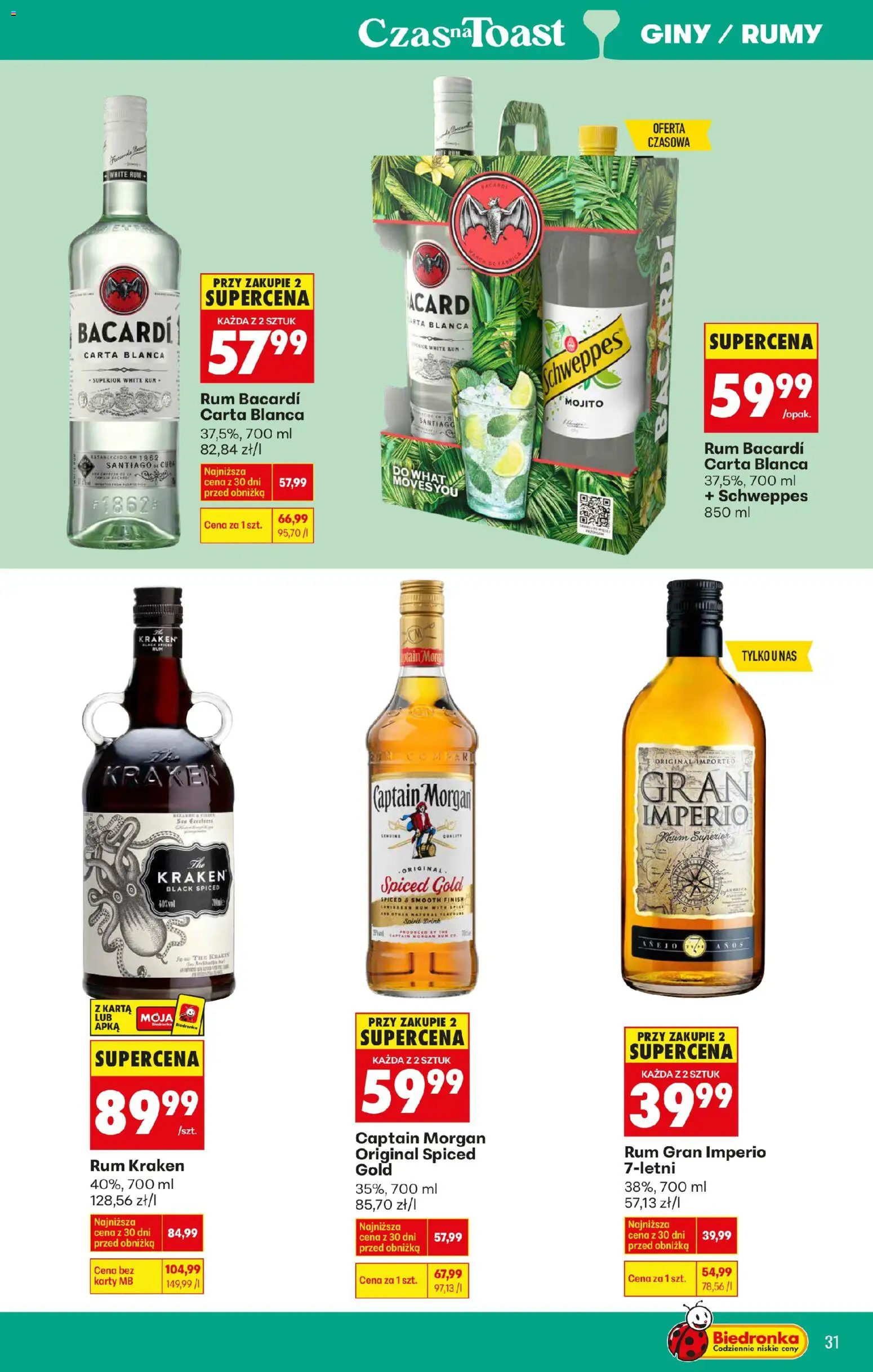 Biedronka gazetka - Czas na toast od 02.01.2026 | Strona: 31 | Produkty: Karta, Captain Morgan, Rum Kraken, Finish