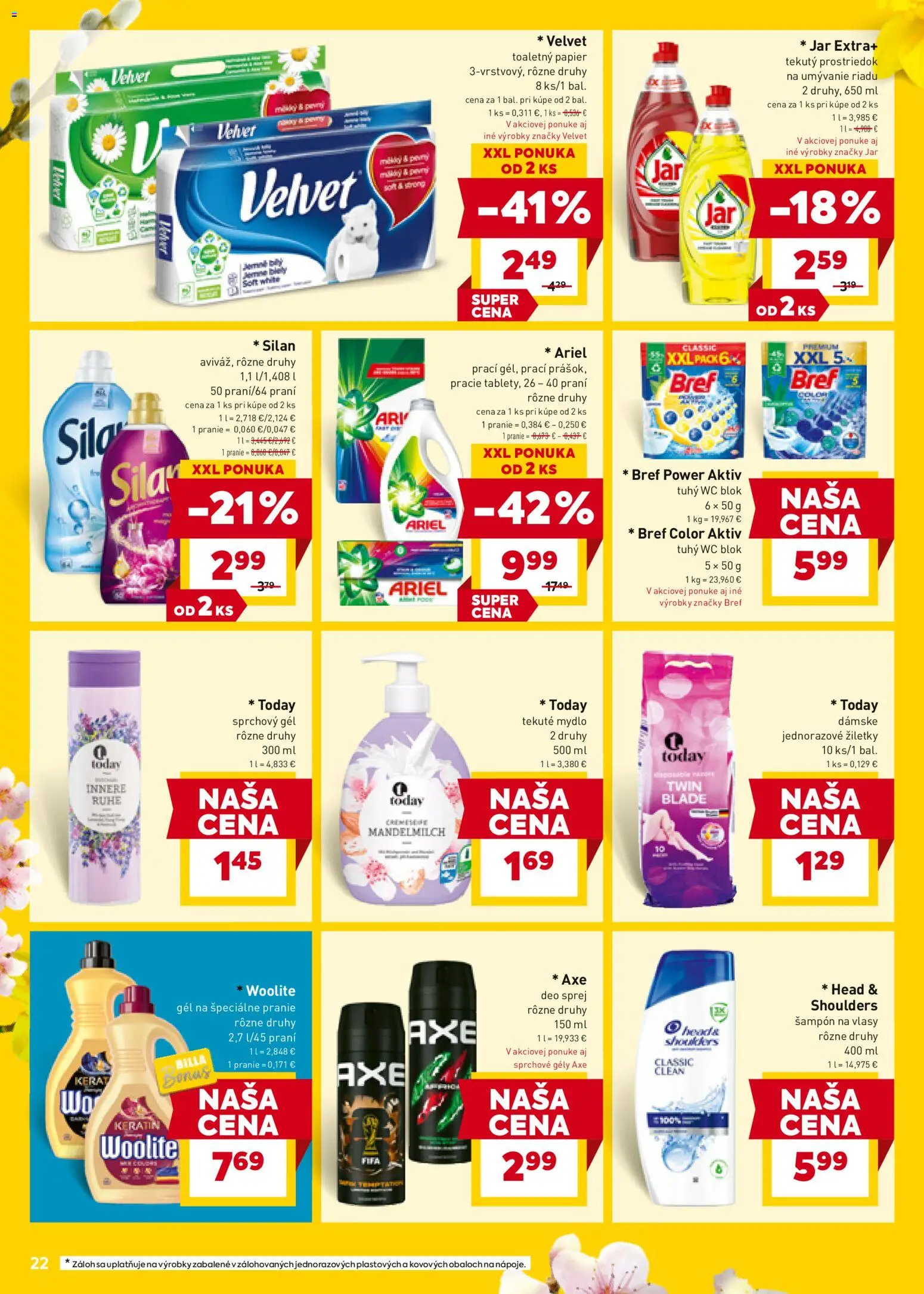 Nové Billa akcie – leták je platný od 18.03.2026 | Strana: 22 | Produkty: Silan, Woolite, Mydlo, Wc blok