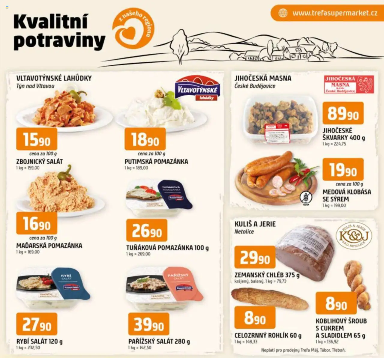 Trefa leták - Kvalitní potraviny z našeho regionu od 20.08.2025 | Strana: 1 | Produkty: Chléb, Rohlík, Klobása, Škvarky