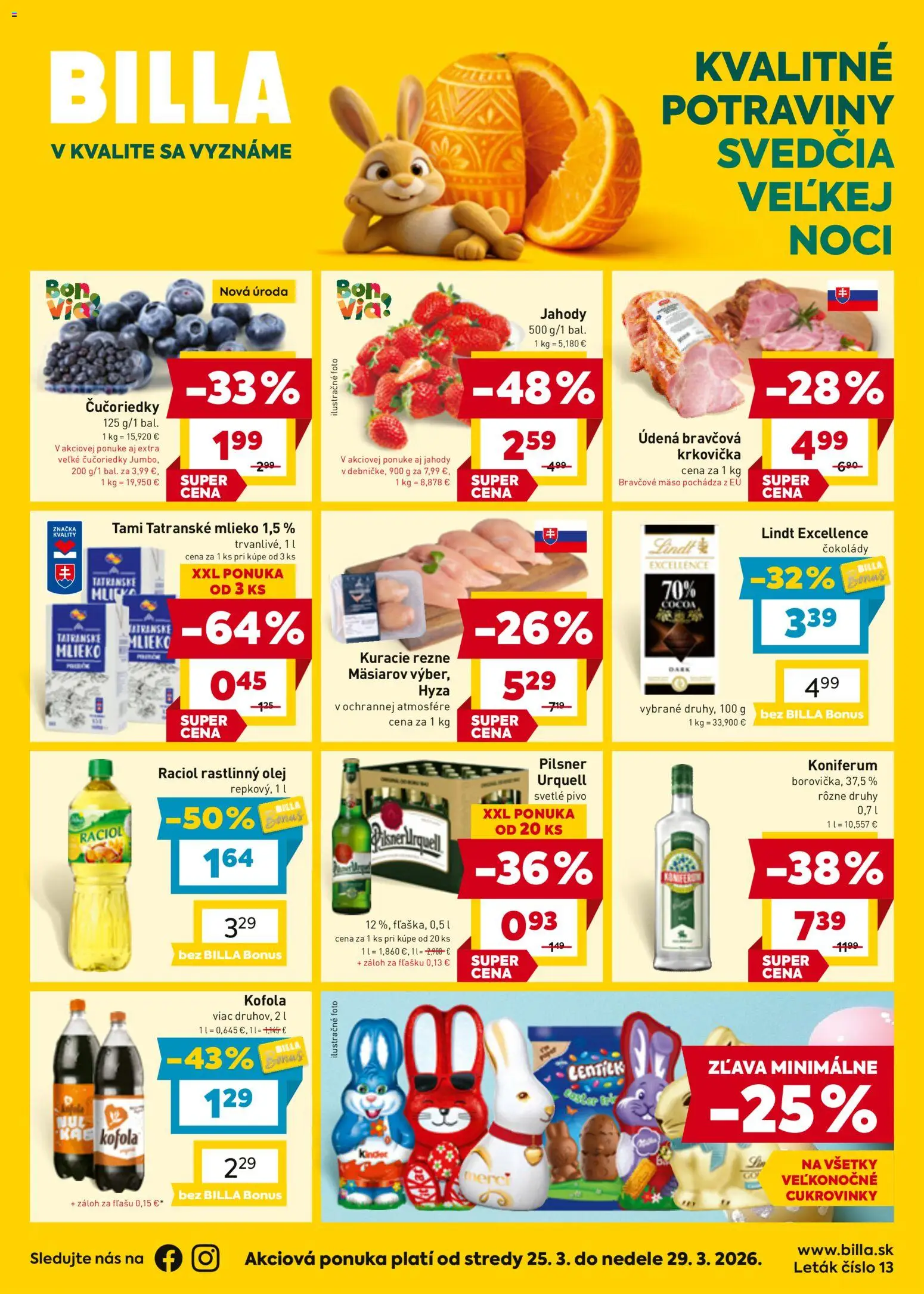 Nové Billa akcie – leták je platný od 25.03.2026 | Strana: 1 | Produkty: Pivo, Lindt, Kofola, Krkovička