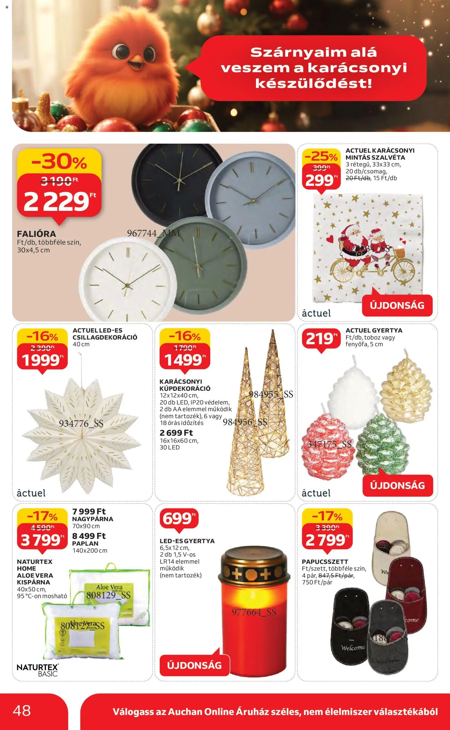 Auchan akciós ujság - amely érvényes a következő dátumtól: 13.11.2025 | Oldal: 48 | Termékek: Falióra, Paplan, Aloe vera, Gyertya
