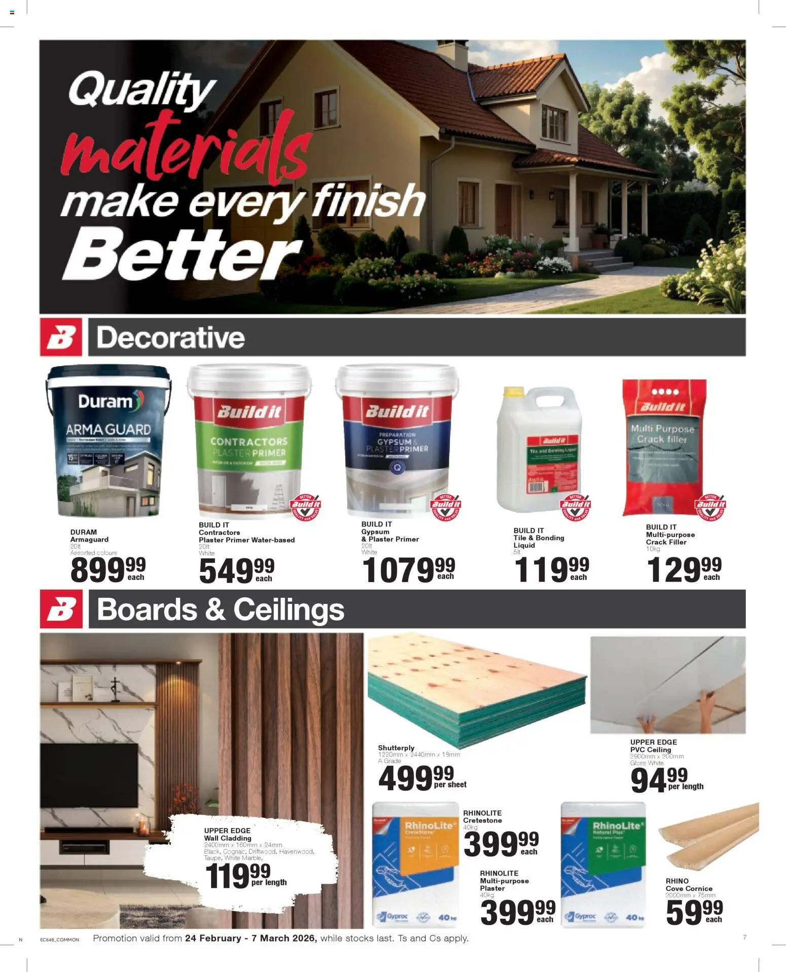 New Build It catalogue – valid from 24.02.2026 | Page: 7 | Products: Primer, Cladding, Crack filler, Plaster
