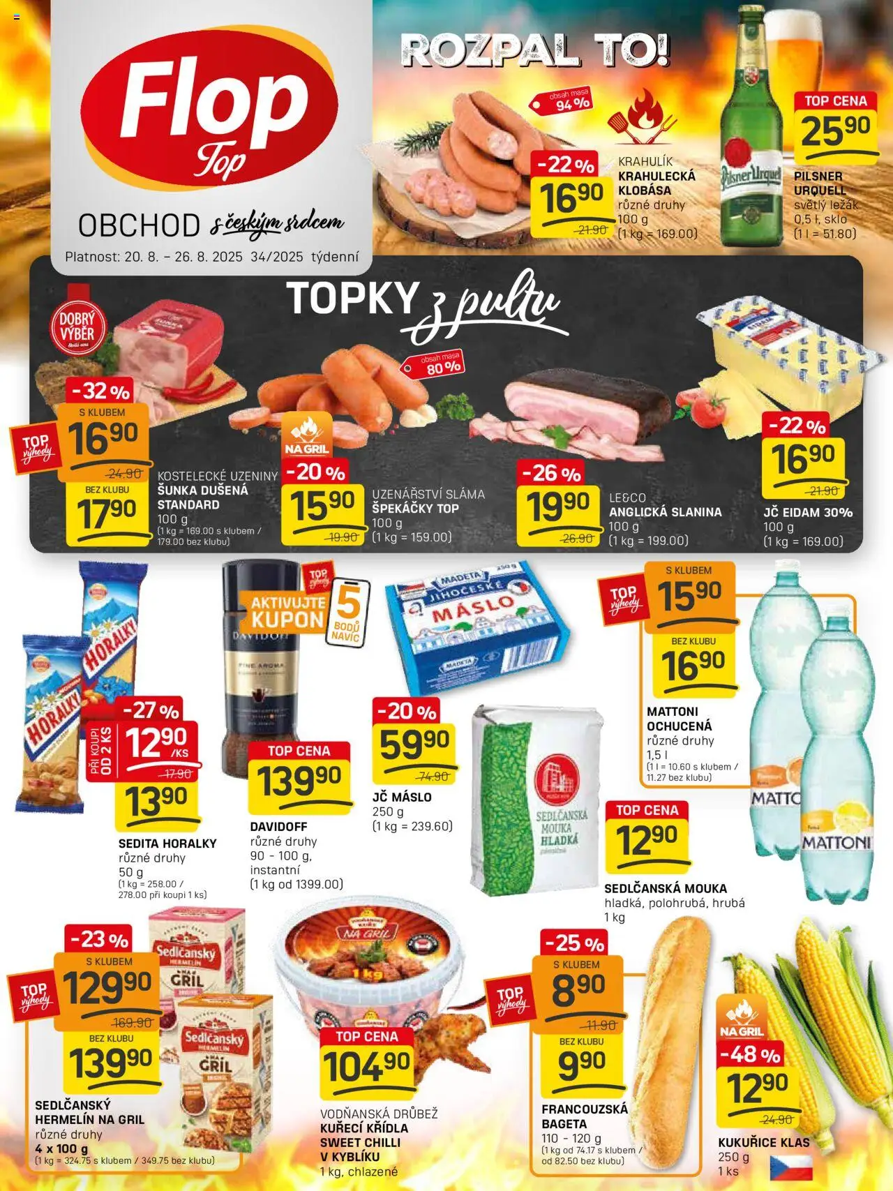 Flop leták - FlopTop od 20.08.2025 | Strana: 1 | Produkty: Sedlčanský Hermelín, Pilsner, Anglická slanina, Mouka