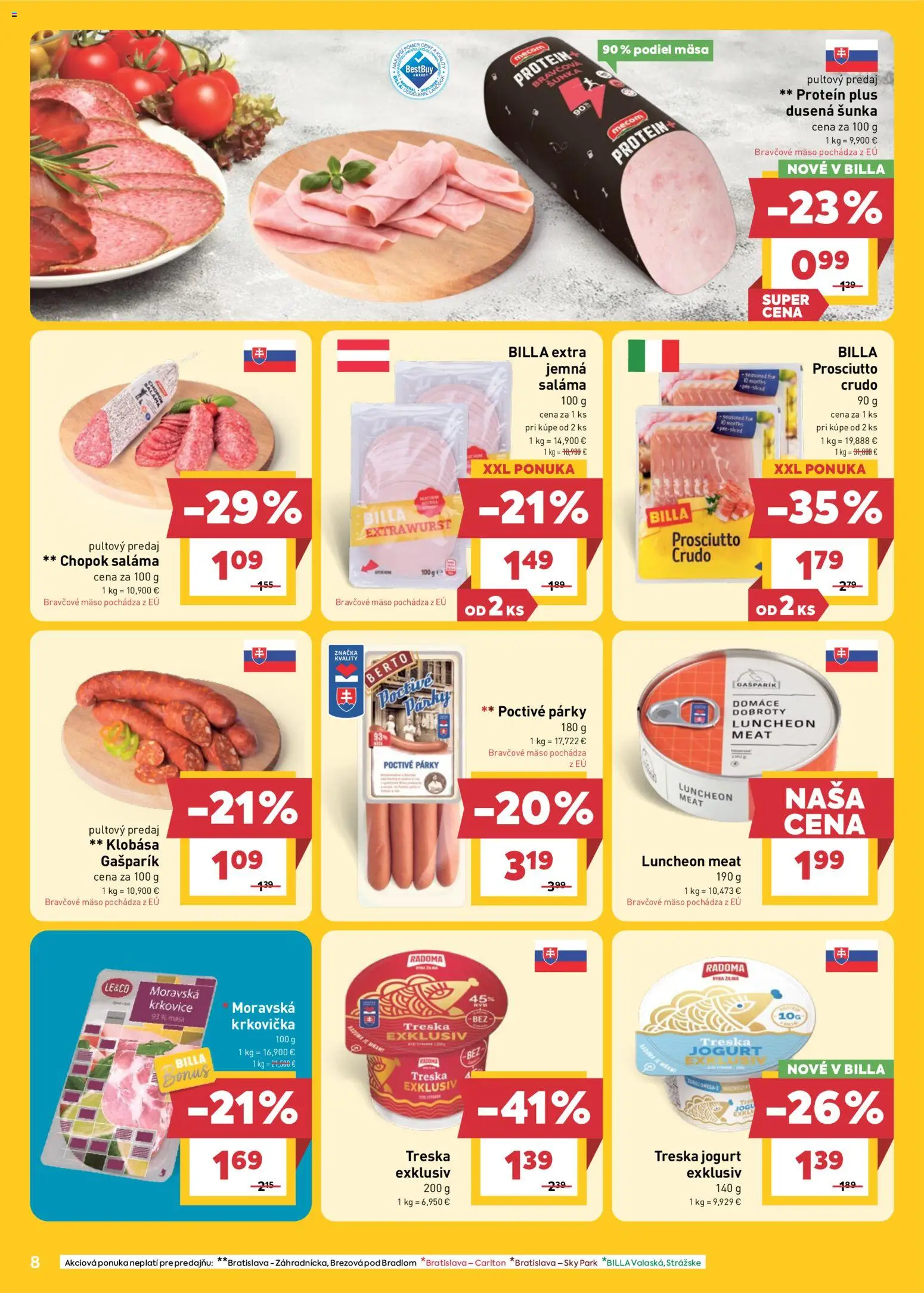 Nové Billa akcie – leták je platný od 29.04.2026 | Strana: 10 | Produkty: Šunka, Krkovička, Bravčové mäso, Treska