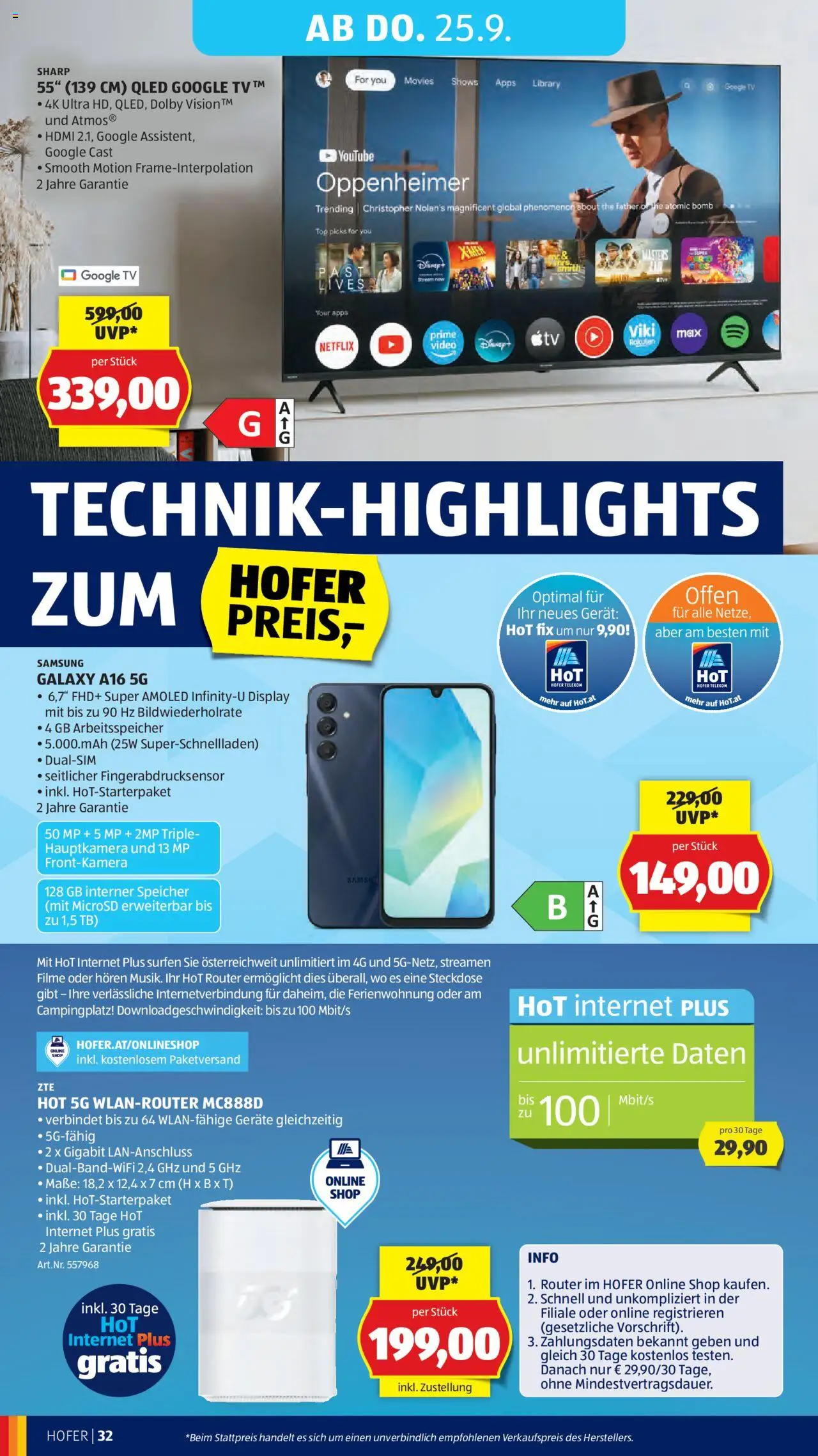 Hofer AT akciós ujság - amely érvényes a következő dátumtól: 19.09.2025 | Oldal: 36 | Termékek: Router, Videó, TV, Samsung