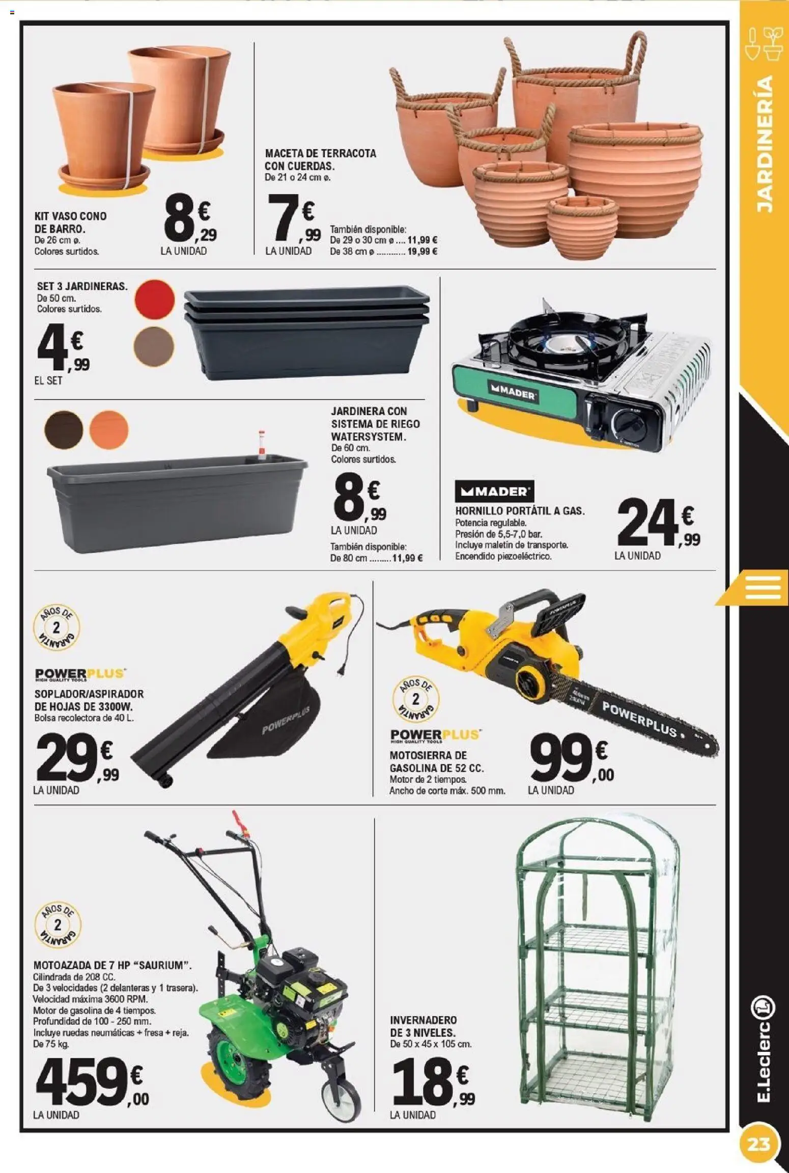 E.Leclerc folleto │ válido desde el 21.01.2026 | Página: 23 | Productos: Motosierra, Motoazada, Jardinera, Bolsa