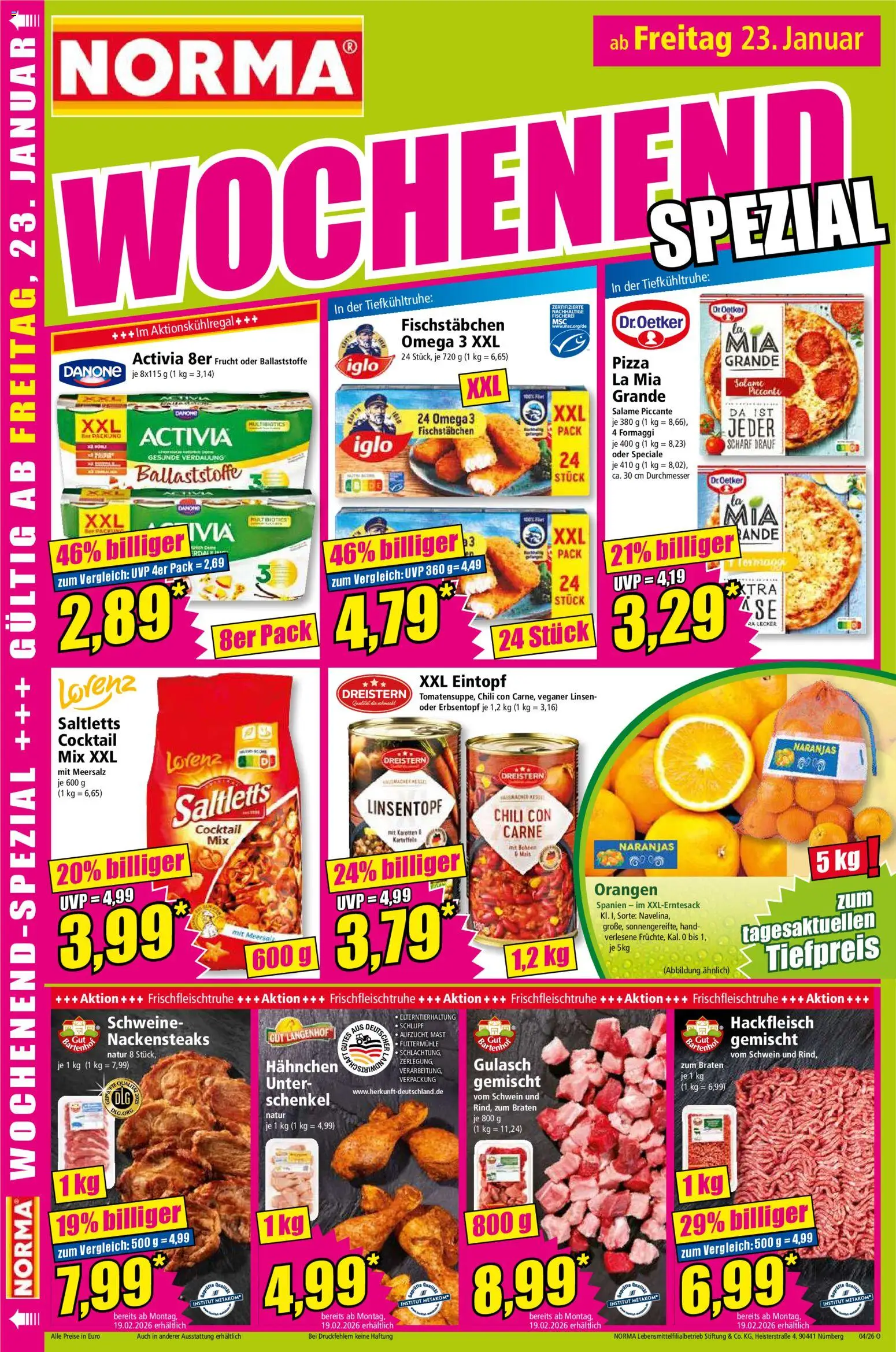 Norma Prospekt 	 – gültig ab 19.01.2026 | Seite: 18 | Produkte: Nackensteaks, Activia, Danone activia, Orangen