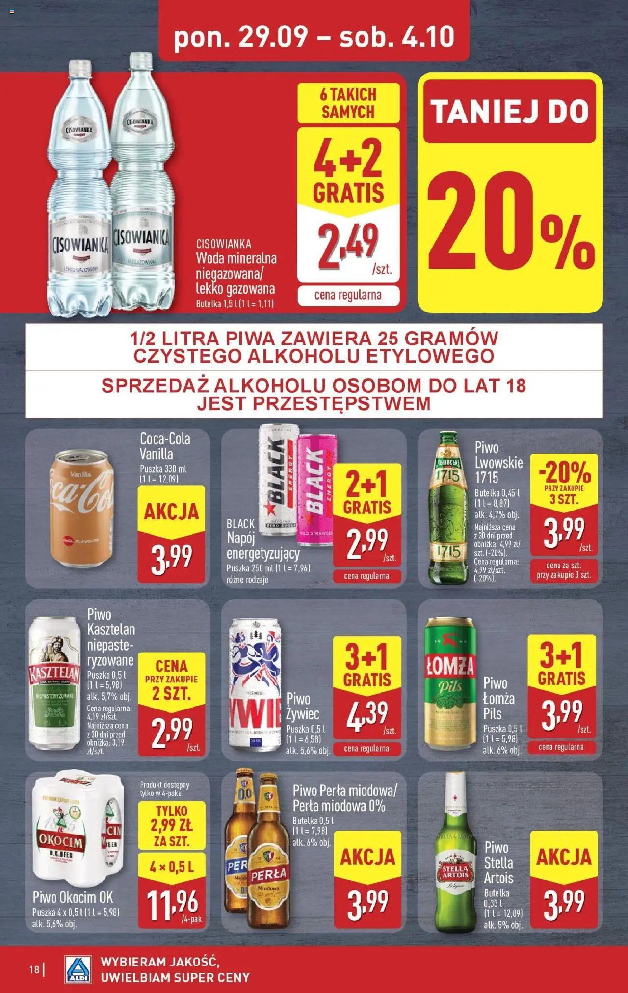 Aldi Gazetka od 29.09.2025 | Strona: 18 | Produkty: Piwo perła, Piwo, Woda