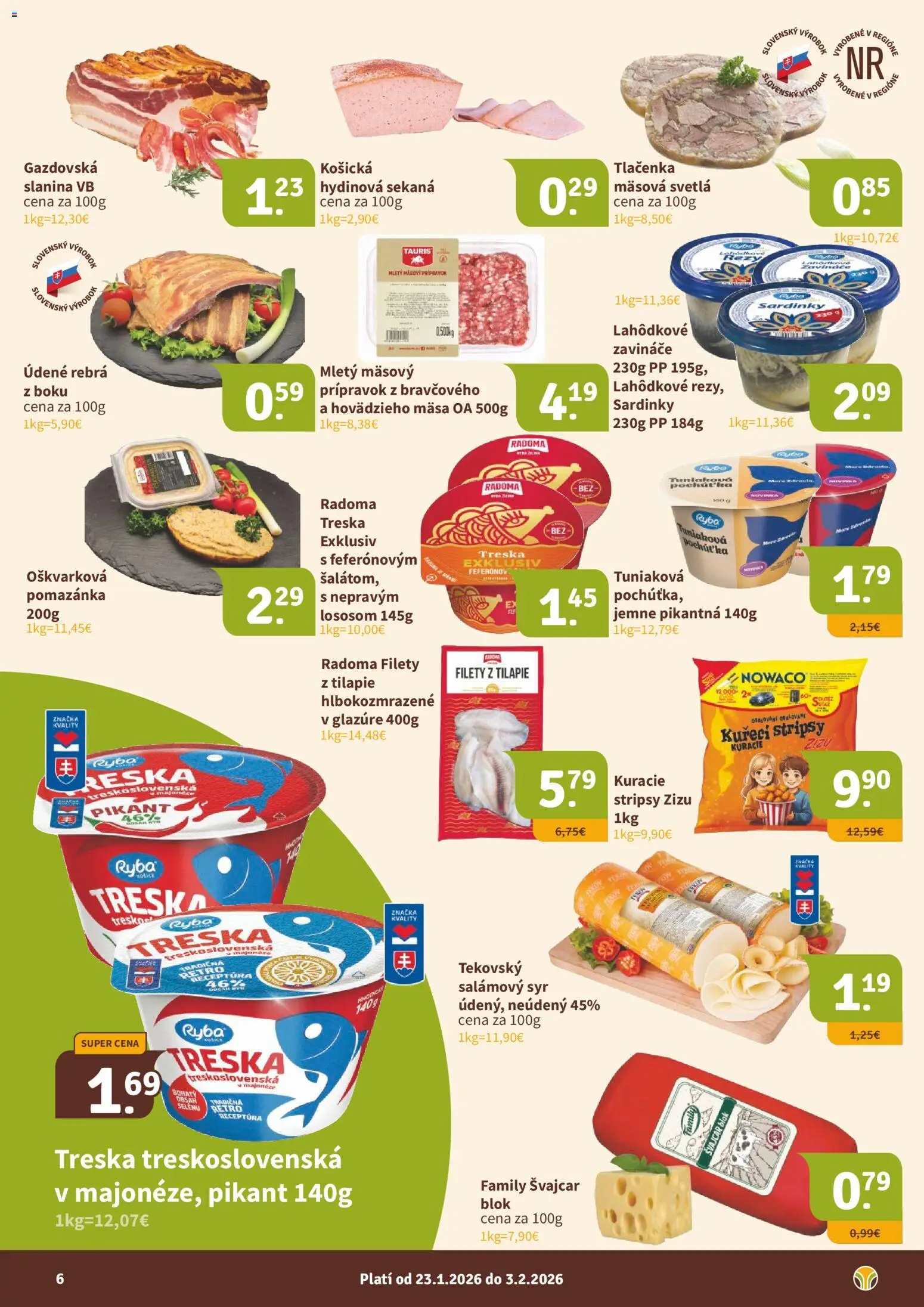 Nové Nitrazdroj akcie – leták je platný od 23.01.2026 | Strana: 6 | Produkty: Syr, Slanina, Ryba, Treska