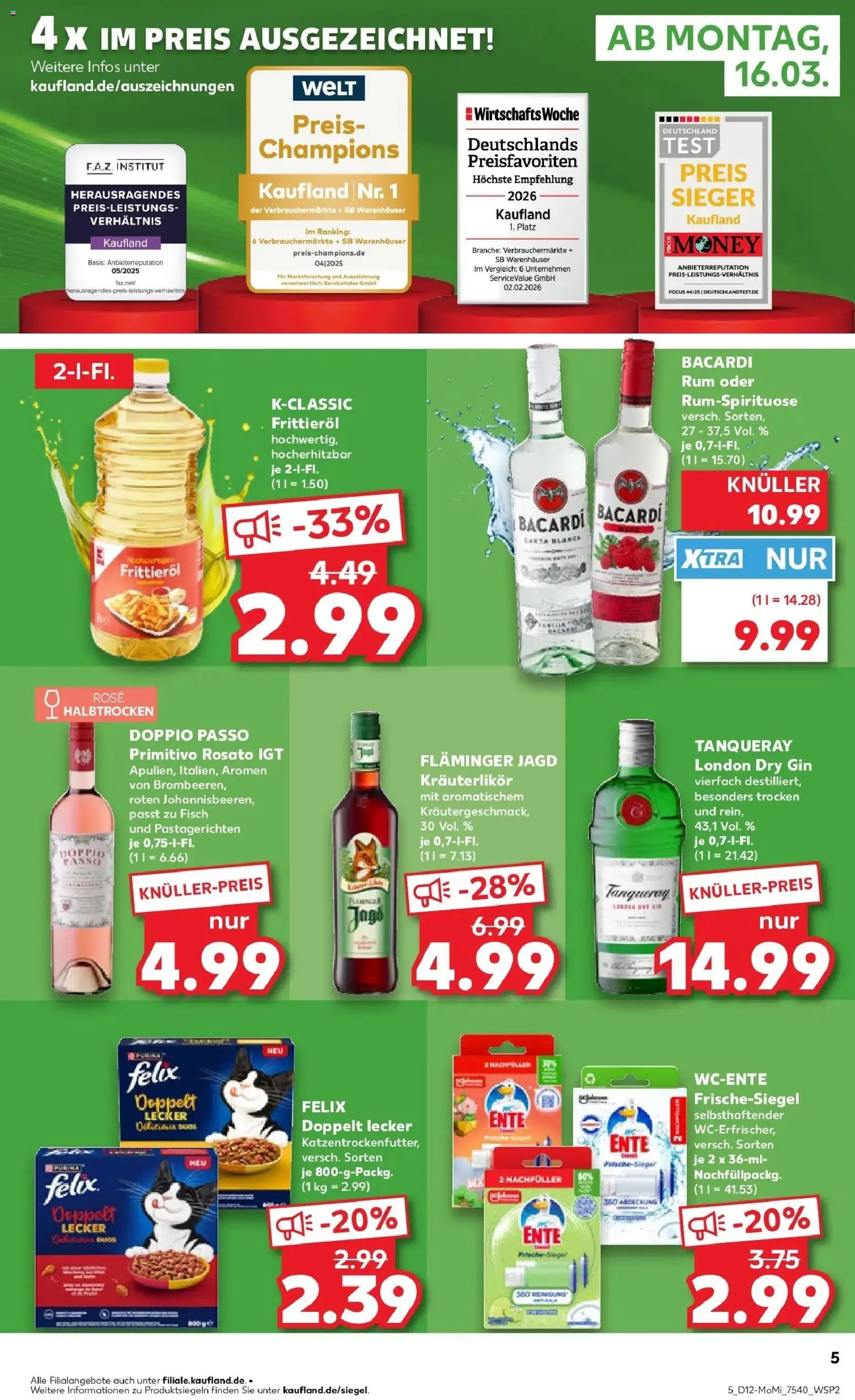 Kaufland Prospekt Spremberg	 – gültig ab 16.03.2026 | Seite: 5 | Produkte: Rum, Doppio passo primitivo, Gin, Ente