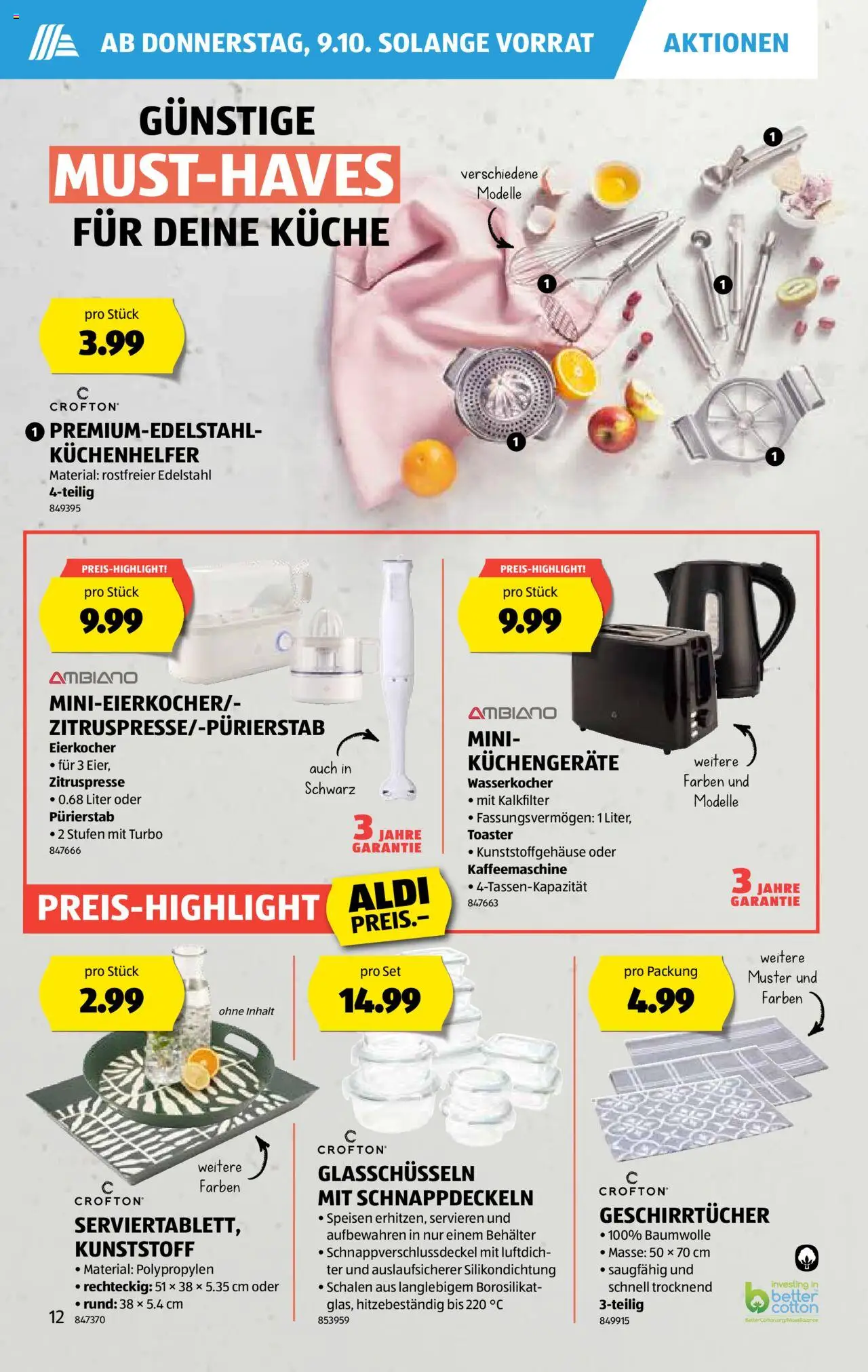 Aldi Aktionen – gültig ab 09.10.2025 | Seite: 13 | Produkte: Toaster, Eierkocher, Wasserkocher, Kaffeemaschine