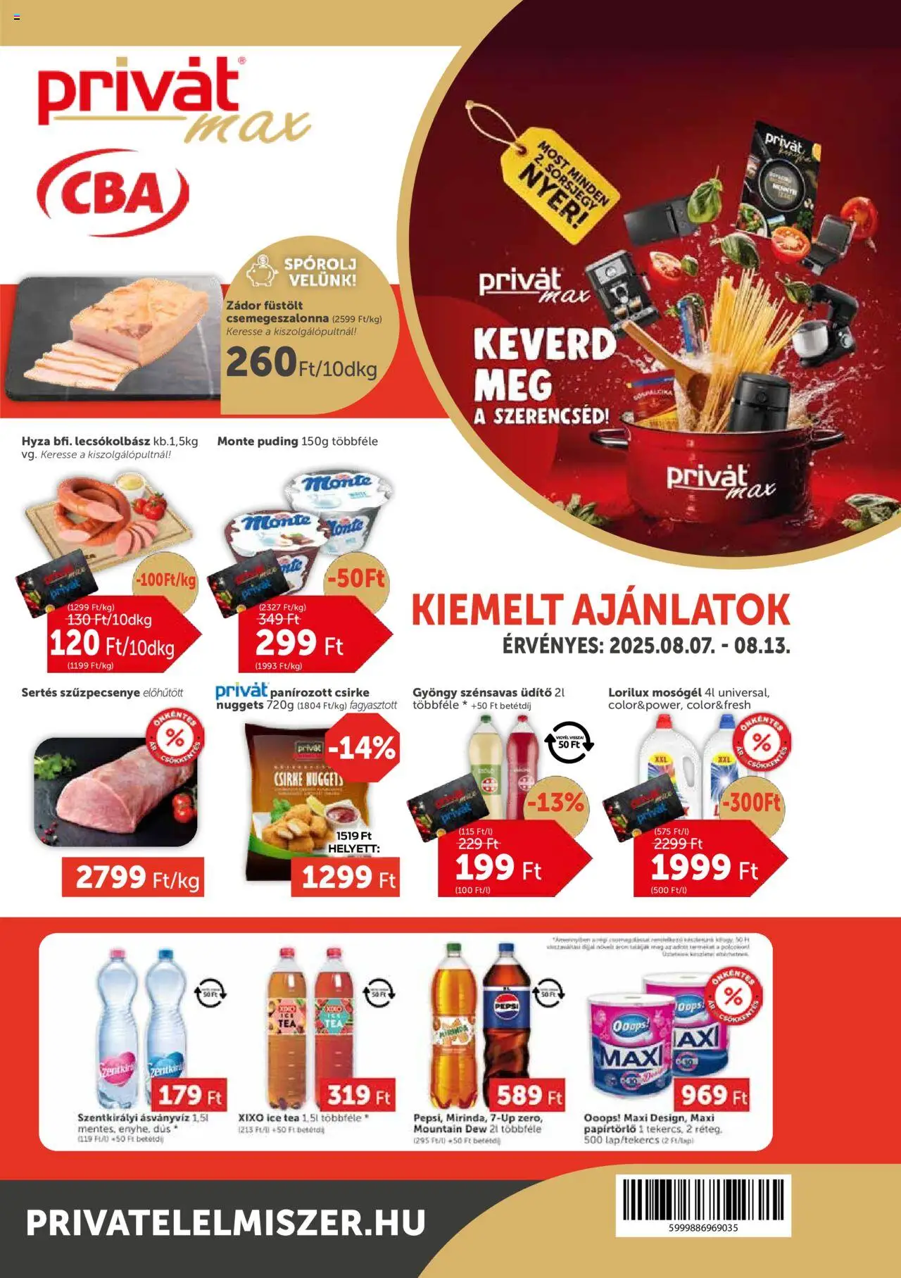 PRIVÁT akciós ujság - amely érvényes a következő dátumtól: 07.08.2025 | Oldal: 1 | Termékek: Pepsi, Ice tea, Ásványvíz, Szűzpecsenye