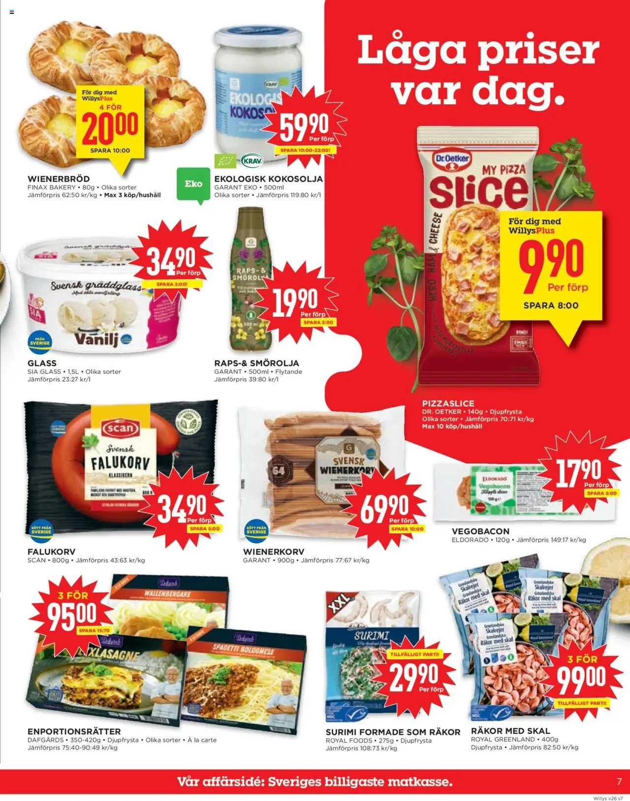 Willys reklamblad aktuell från 23.06.2025 | Sida: 7 | Produkter: Falukorv, Cheddar, Wienerkorv, Glass