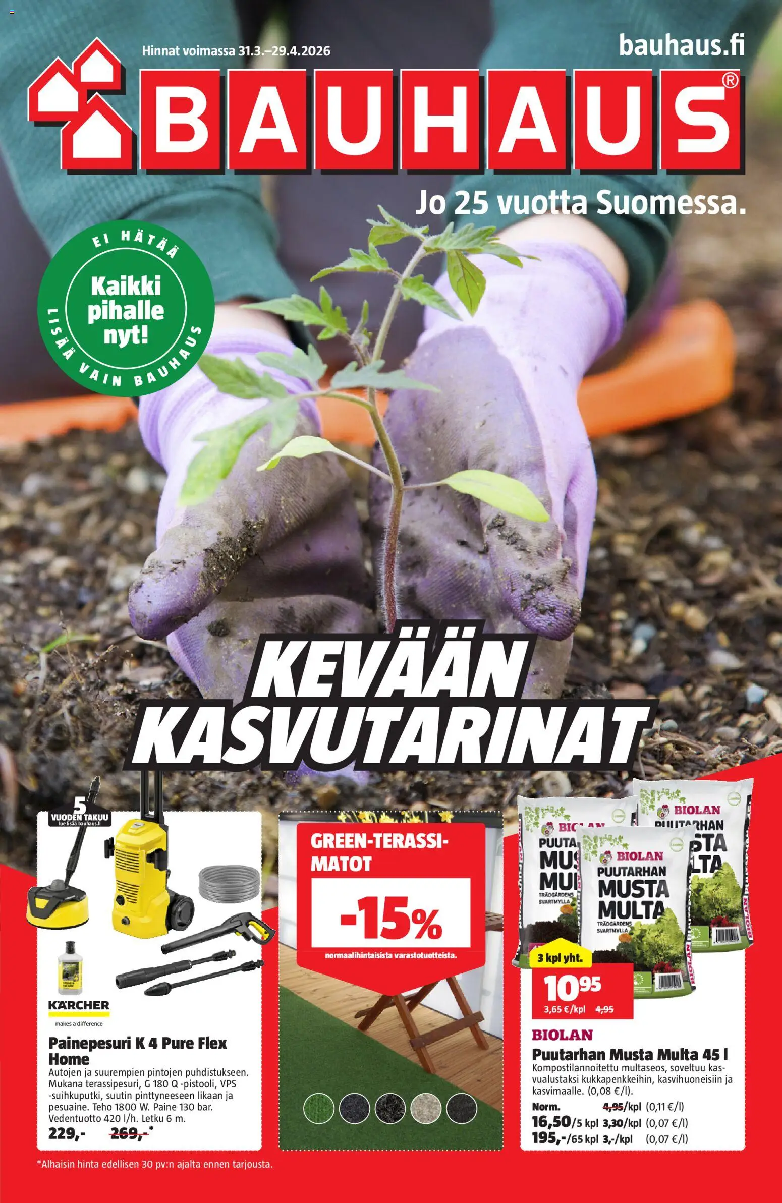 Bauhaus tarjoukset – voimassa 31.03.2026 alkaen | Sivu: 1 | Tuotteet: Letku, Matot, Multa, Painepesuri