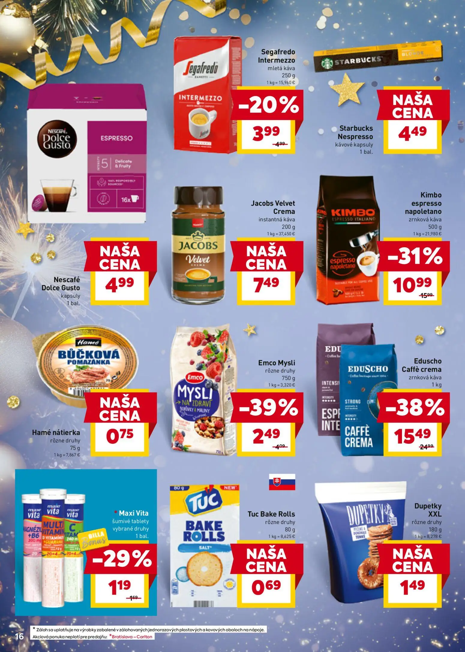 Nové Billa akcie – leták je platný od 27.12.2025 | Strana: 16 | Produkty: Dolce Gusto, Jacobs Velvet, Maliny