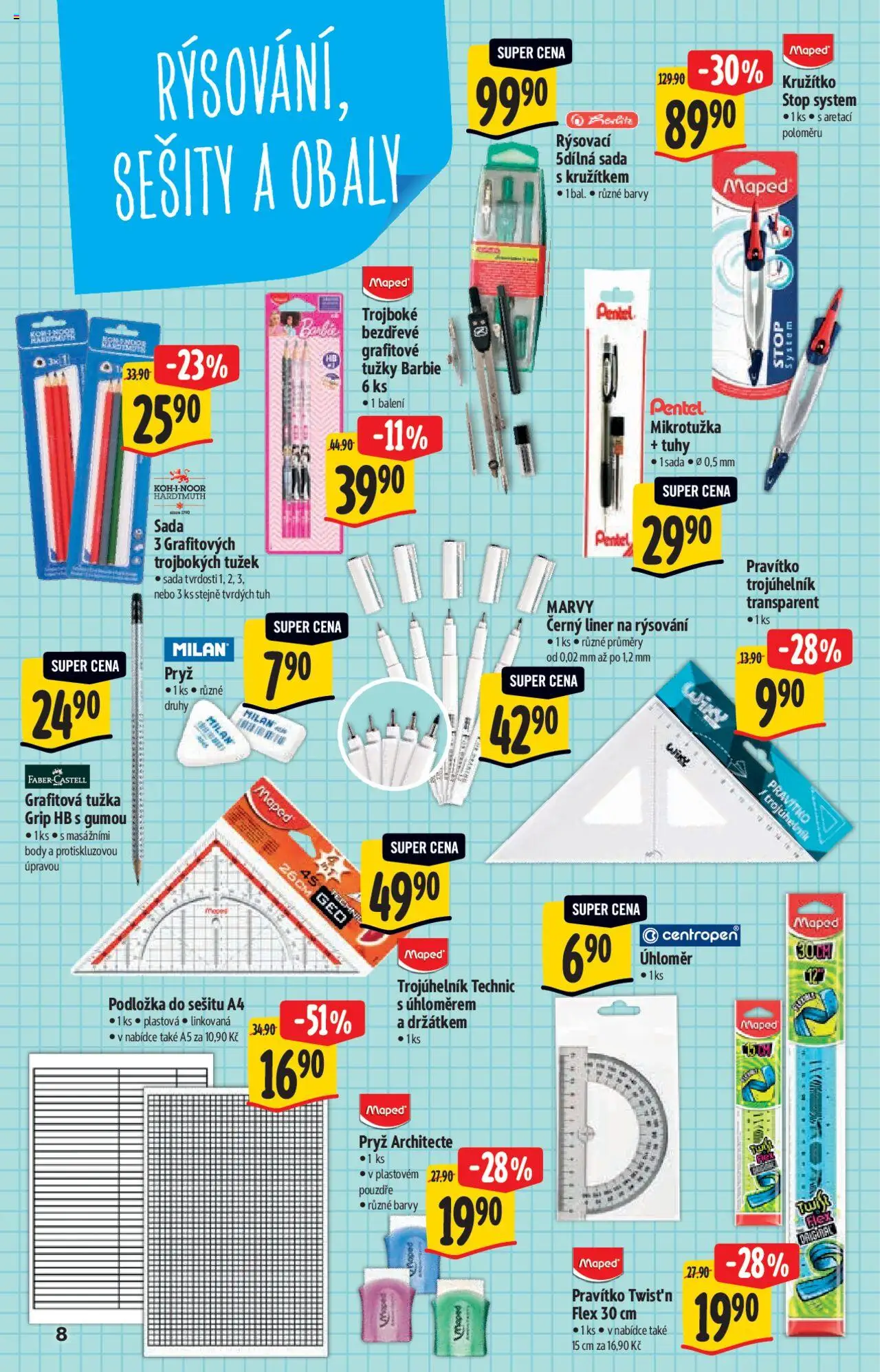 Albert katalog - Hypermarket od 13.08.2025 | Strana: 8 | Produkty: Pravítko, Sešity, Barbie, Body