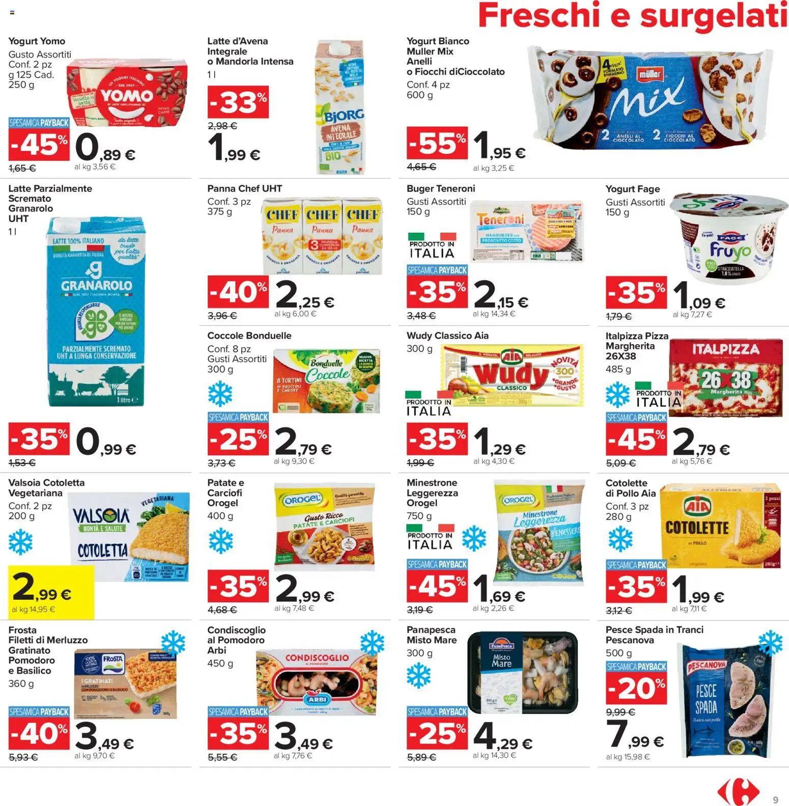 Volantino Carrefour del 13.03.2026 | Pagina: 9 | Prodotti: Minestrone, Carote, Prosciutto, Pesce spada