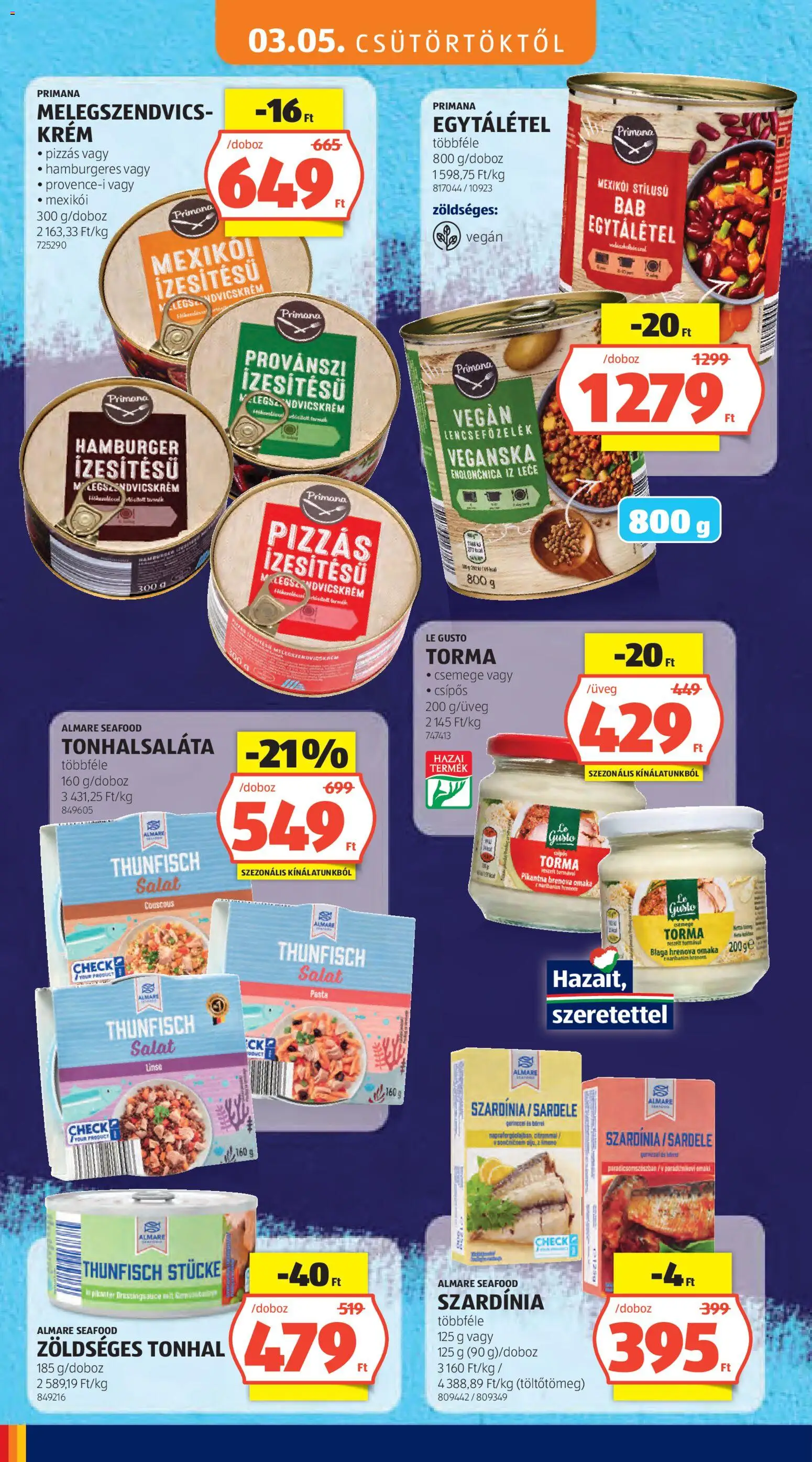 Aldi akciós ujság - amely érvényes a következő dátumtól: 05.03.2026 | Oldal: 14 | Termékek: Tonhal, Hamburger, Melegszendvicskrém, Vegán