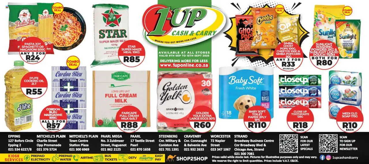 New 1UP Cash & Carry catalogue – valid from 09.09.2025 | Page: 1 | Products: Corn, Maize meal, Toothpaste, Water