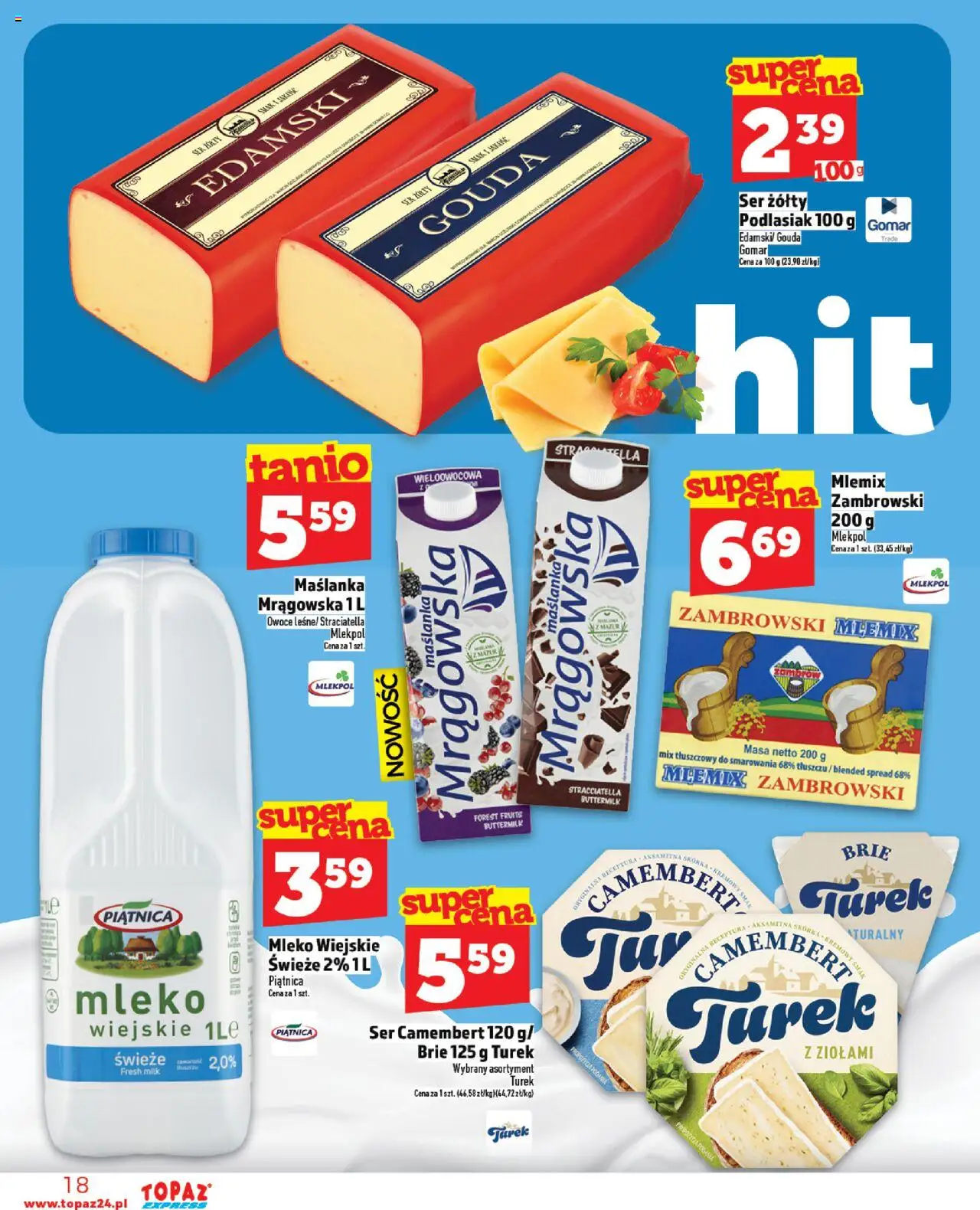 Topaz Gazetka - Express od 14.08.2025 | Strona: 18 | Produkty: Ser żółty, Maślanka, Camembert, Owoce