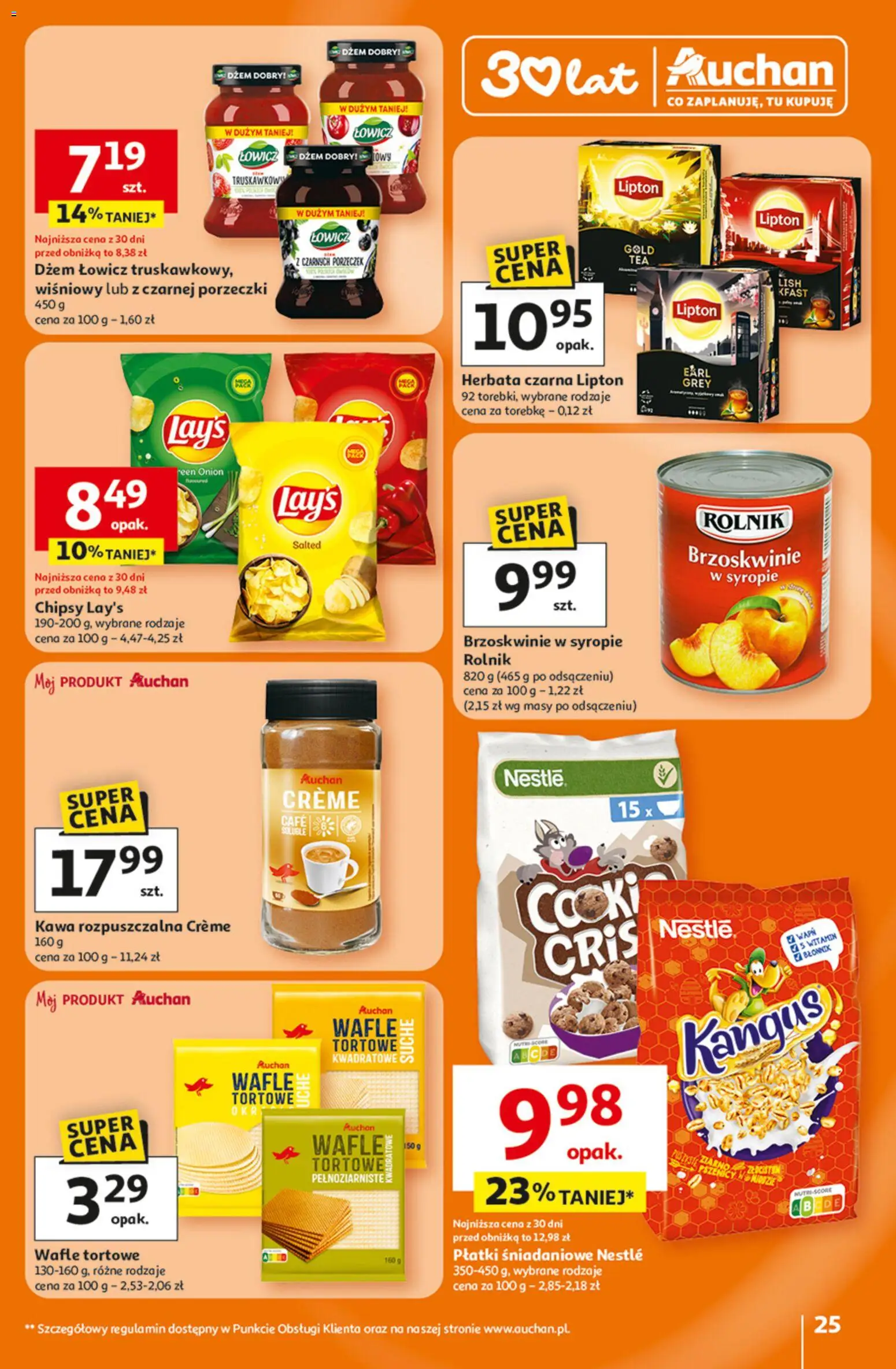 Auchan Gazetka - 30 Lat Hipermarket od 26.02.2026 | Strona: 25 | Produkty: Wafle tortowe, Brzoskwinie w syropie, Kawa, Brzoskwinie