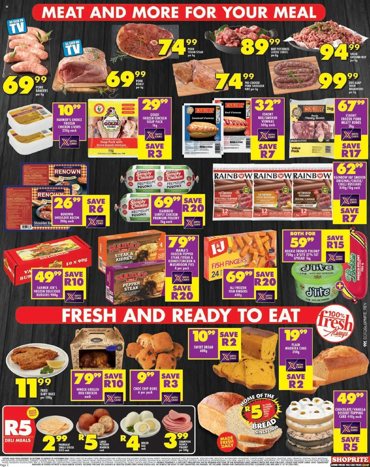 New Shoprite catalogue – valid from 20.10.2025 | Page: 2 | Products: Burgers, Pepper, Chilli, Bacon