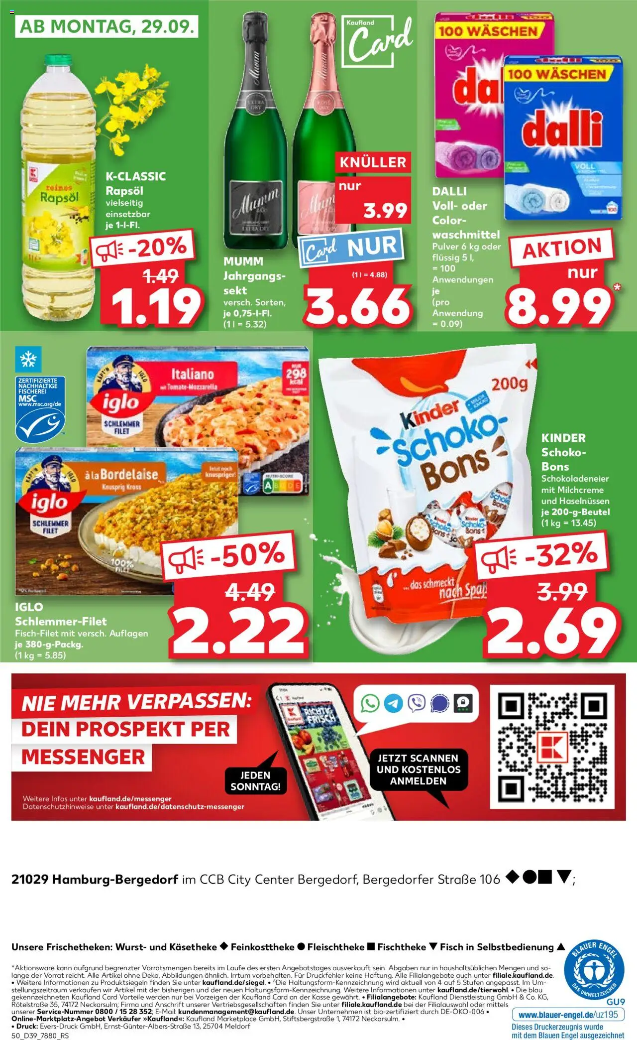 Kaufland prospekt Hamburg	 – gültig ab 25.09.2025 | Seite: 50 | Produkte: Rapsöl, Sekt, Wurst, Iglo schlemmerfilet