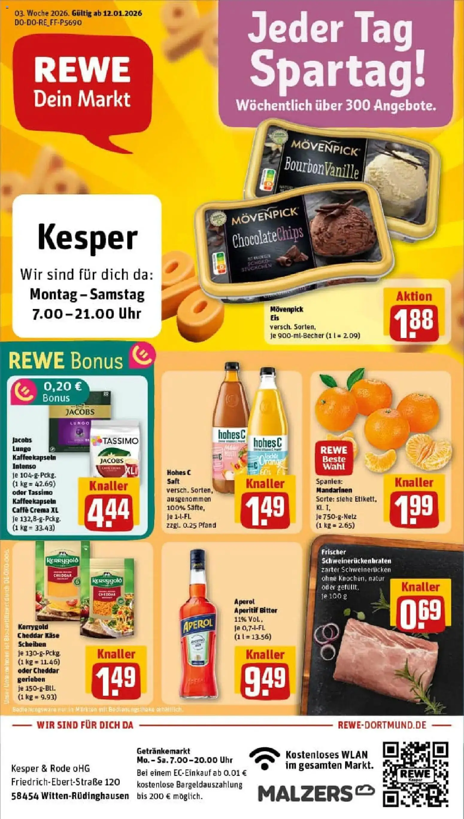 Rewe prospekt Witten	 – gültig ab 11.01.2026 | Seite: 1 | Produkte: Schweinerucken, Aperol, Saft, Uhr