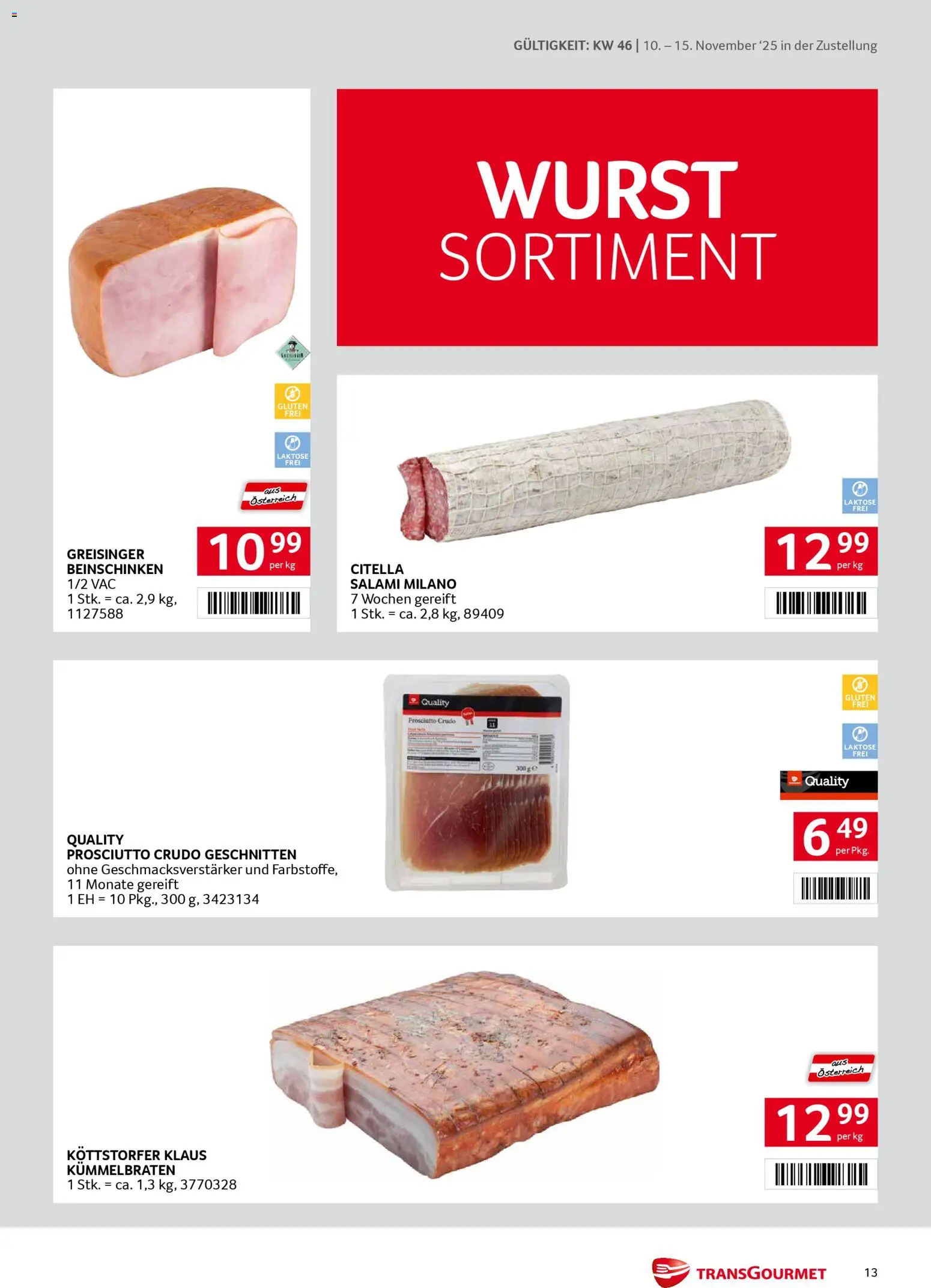 Transgourmet Zustellaktion gültig ab 10.11.2025 | Seite: 13 | Produkte: Wurst, Salami