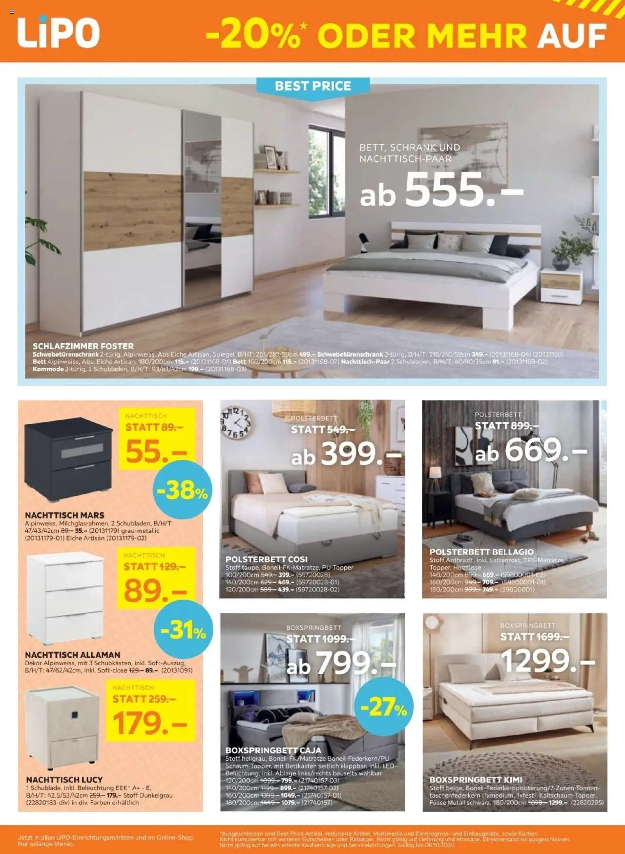 Lipo Aktionen – gültig ab 22.09.2025 | Seite: 2 | Produkte: Nachttisch, Polsterbett, Schrank, Bett