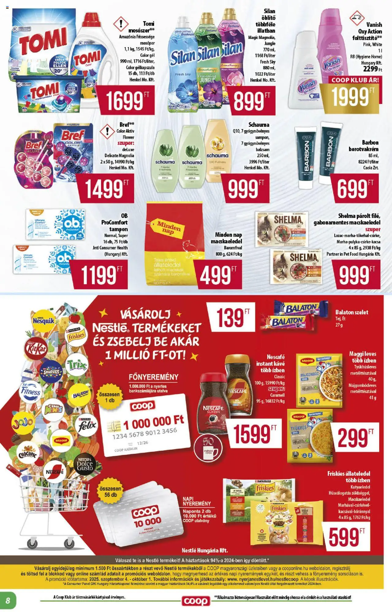 COOP akciós ujság - amely érvényes a következő dátumtól: 18.09.2025 | Oldal: 8 | Termékek: Kutyaeledel, Nesquik, Folttisztító, Instant kávé