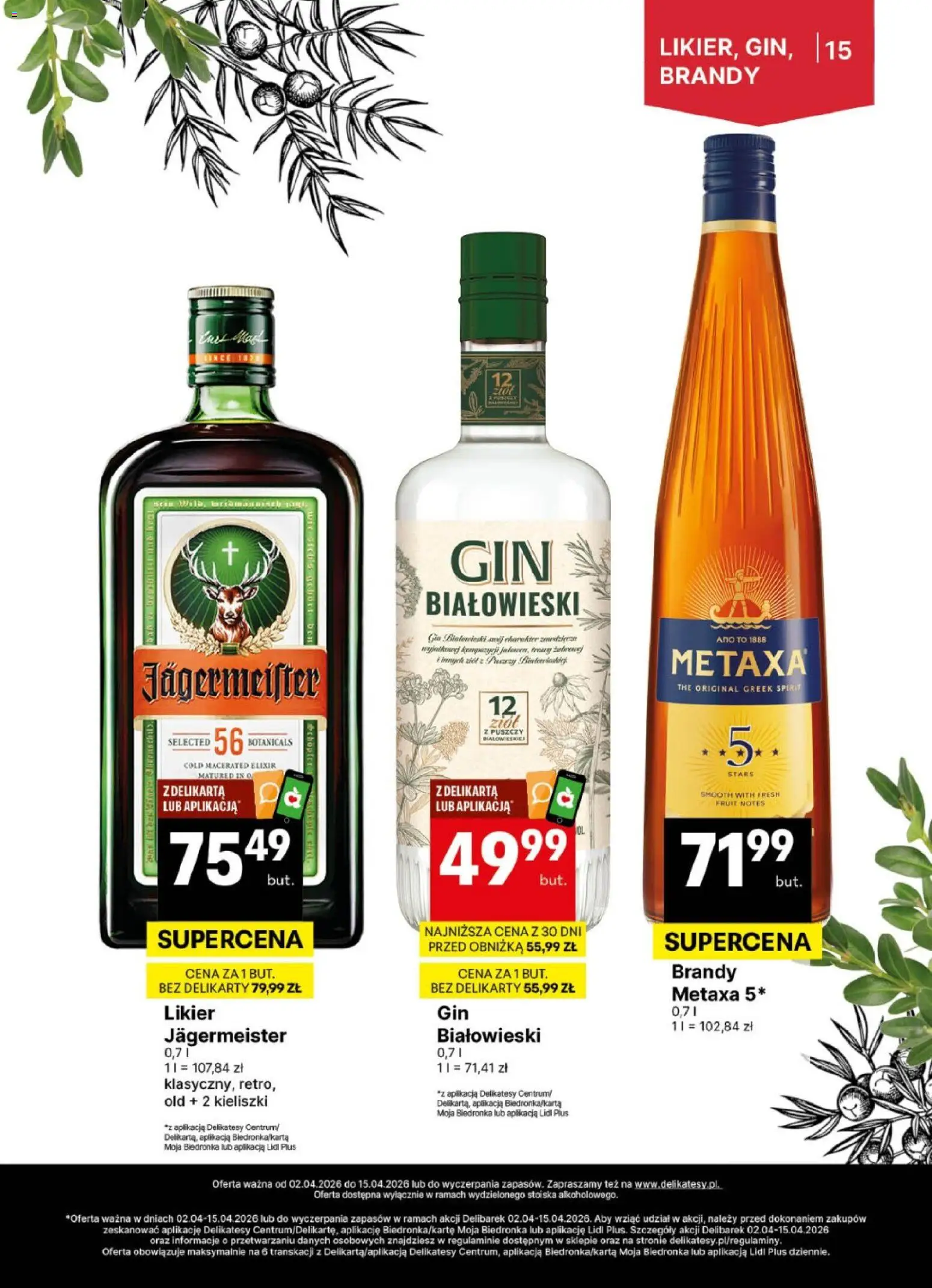 Delikatesy Centrum gazetka - DeliBarek od 02.04.2026 | Strona: 15 | Produkty: Metaxa, Delikatesy, Jagermeister