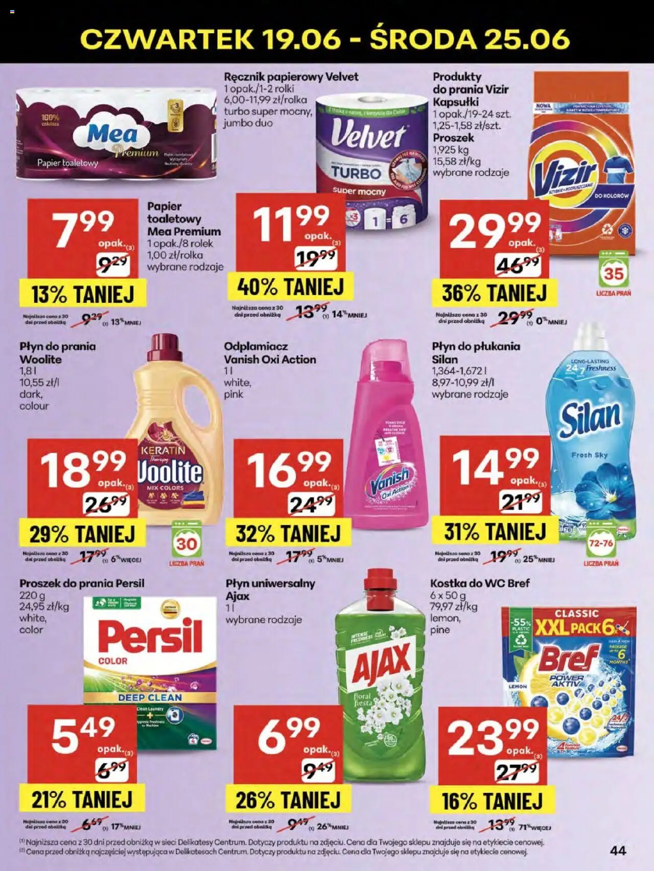 Delikatesy Centrum Gazetka od 19.06.2025 | Strona: 44 | Produkty: Papier toaletowy, Odplamiacz, Detergent, Ręcznik papierowy