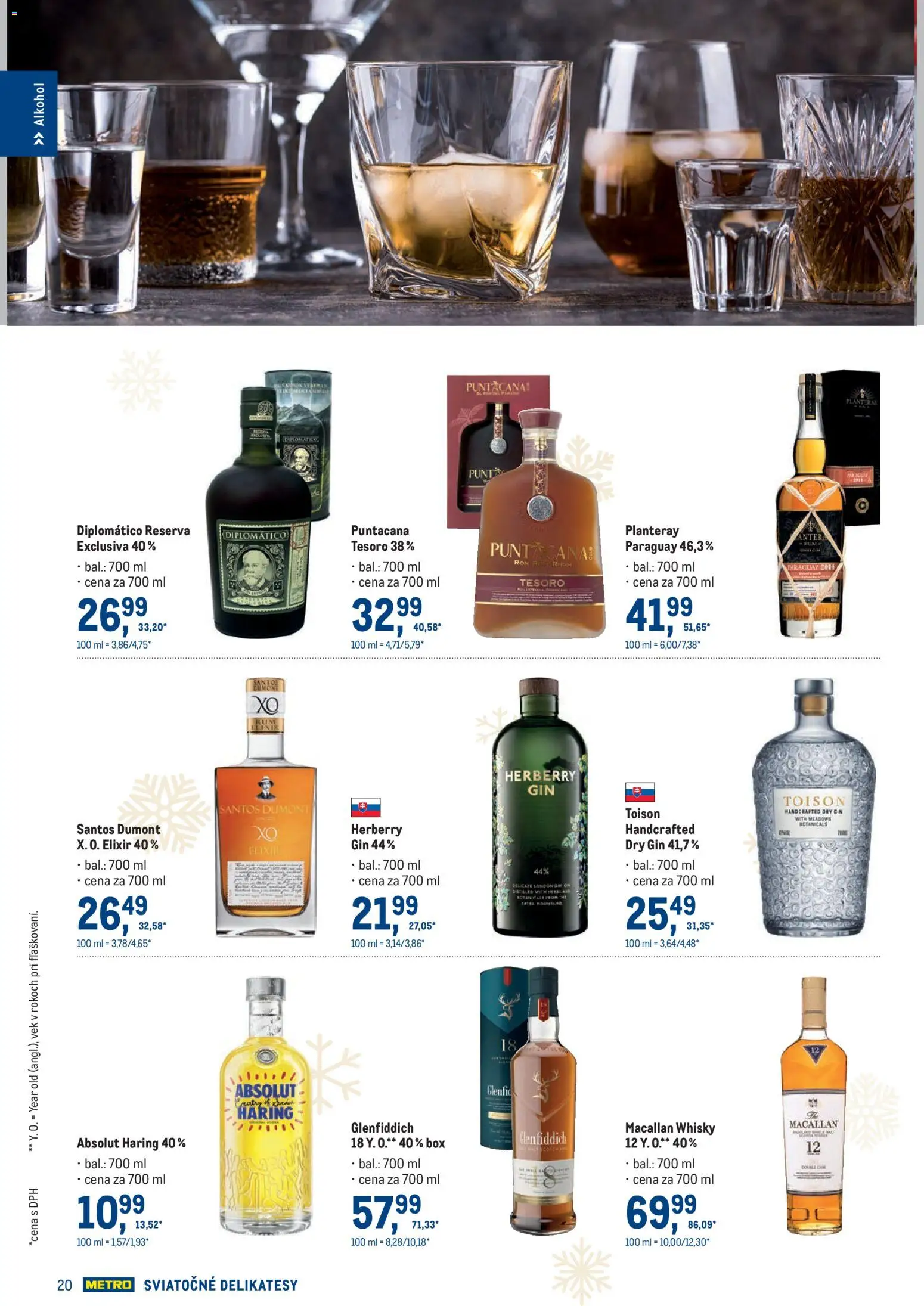 Nové Metro akcie – leták je platný od 19.11.2025 | Strana: 20 | Produkty: Diplomatico, Gin, Whisky, Alkohol