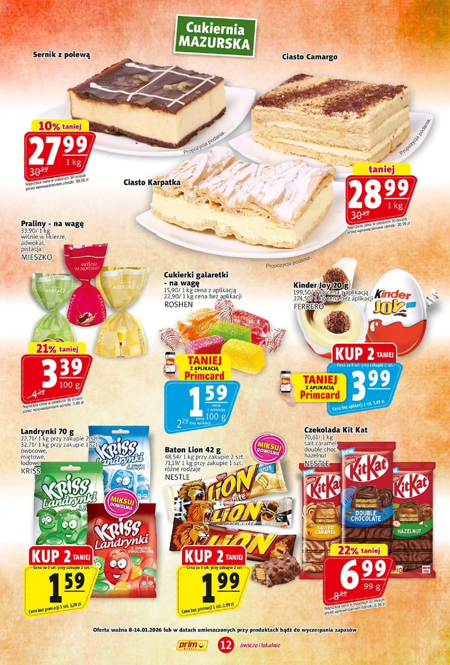 Prim Market Gazetka od 08.01.2026 | Strona: 12 | Produkty: Praliny, Ciasto, Czekolada, Cukierki galaretki