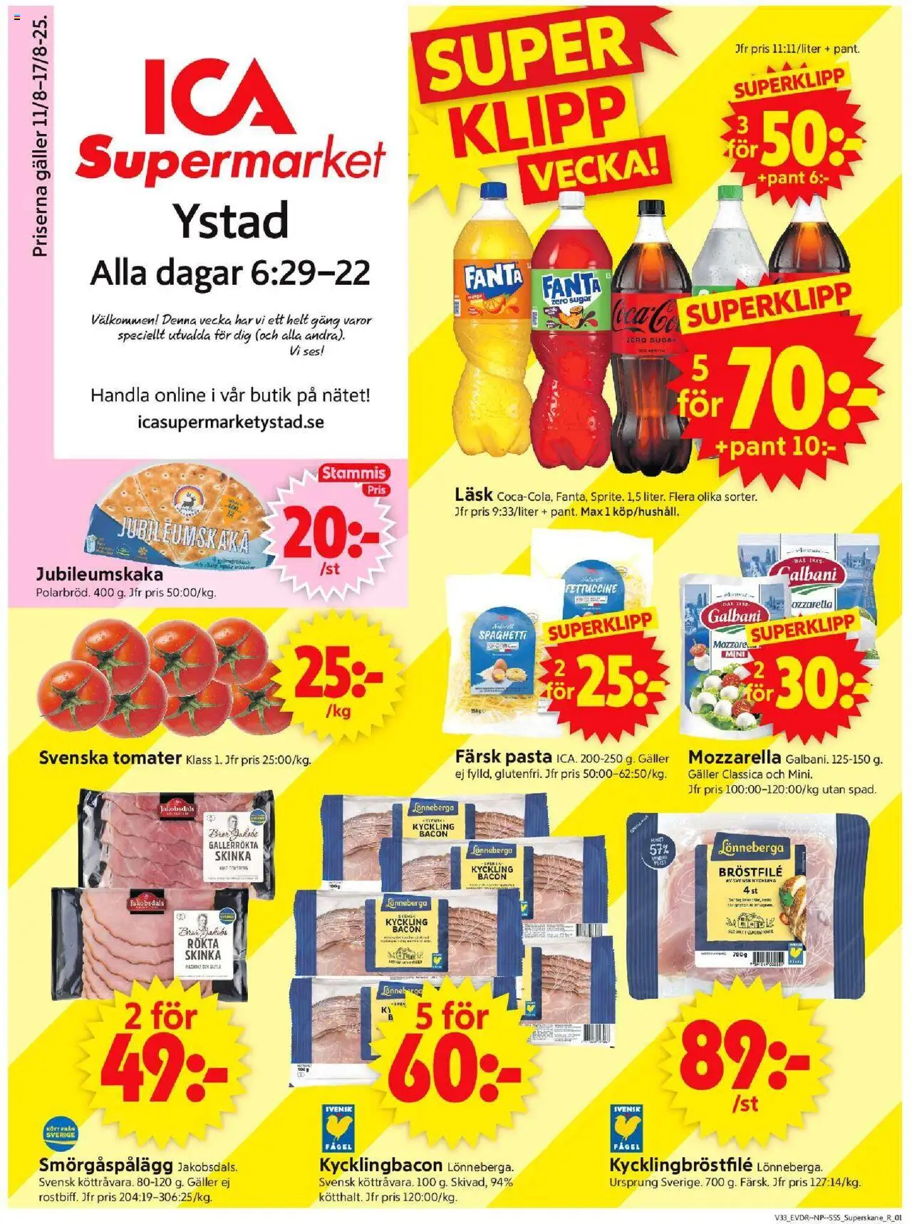 ICA Supermarket reklamblad aktuell från 11.08.2025 | Sida: 1 | Produkter: Galler, Smörgåspålägg, Tomater, Spaghetti